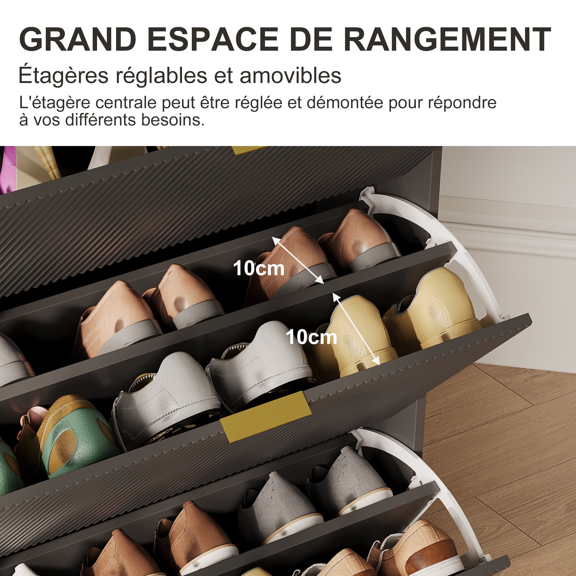 Meuble à chaussures étroit, en bois, doté de 3 portes rabattables et de 2 tiroirs, idéal pour l'entrée ou le couloir, Noir - 7