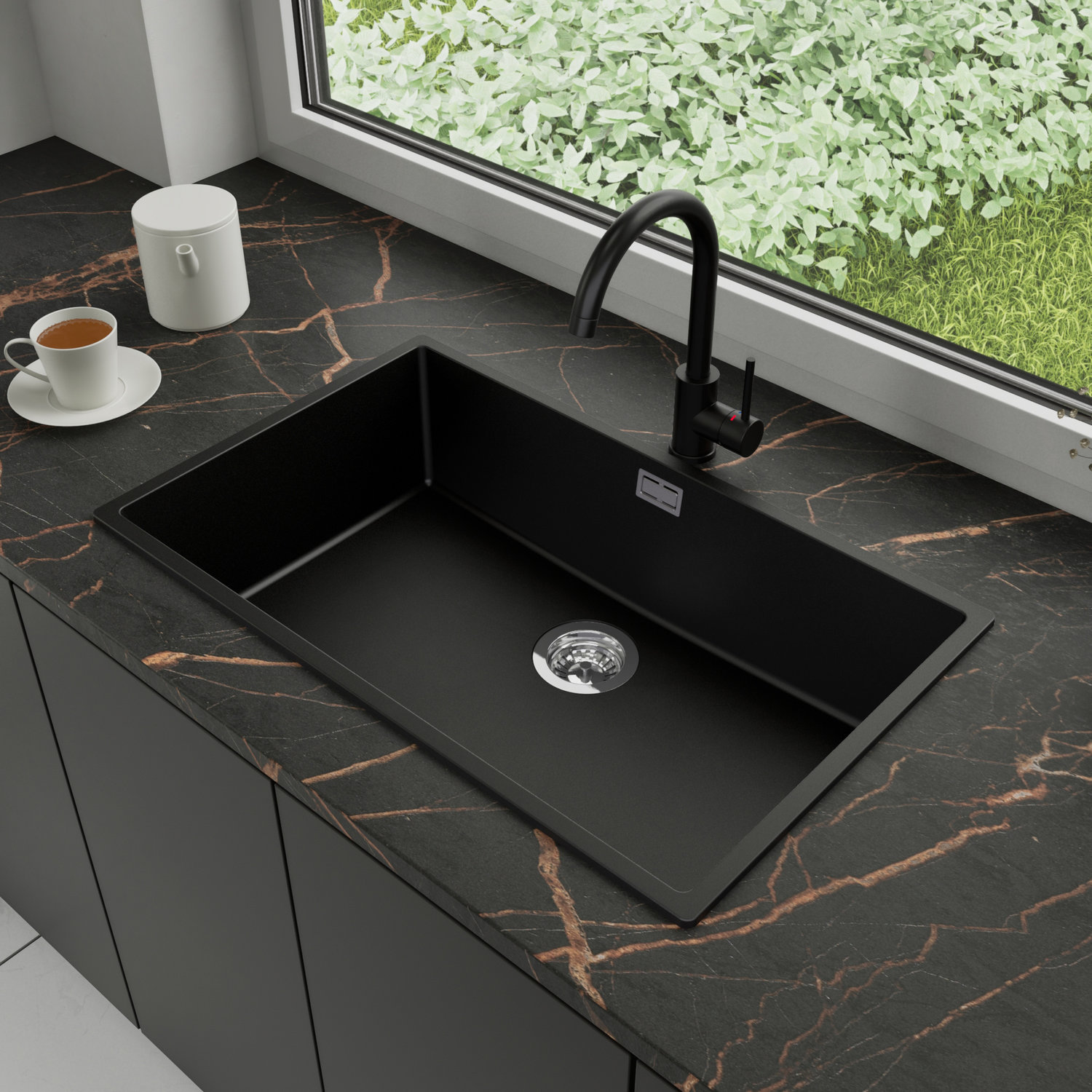 Zlewozmywak Granitowy 76x47cm, do szafki od 80cm + Bateria + Syfon - Agate Czarny STONESTYLE