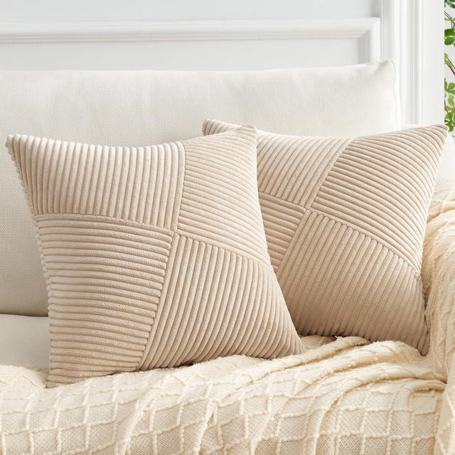 Housse de coussin en velours cotele geometrique patchwork beige 60x60cm, fermeture eclair invisible, lot de 2