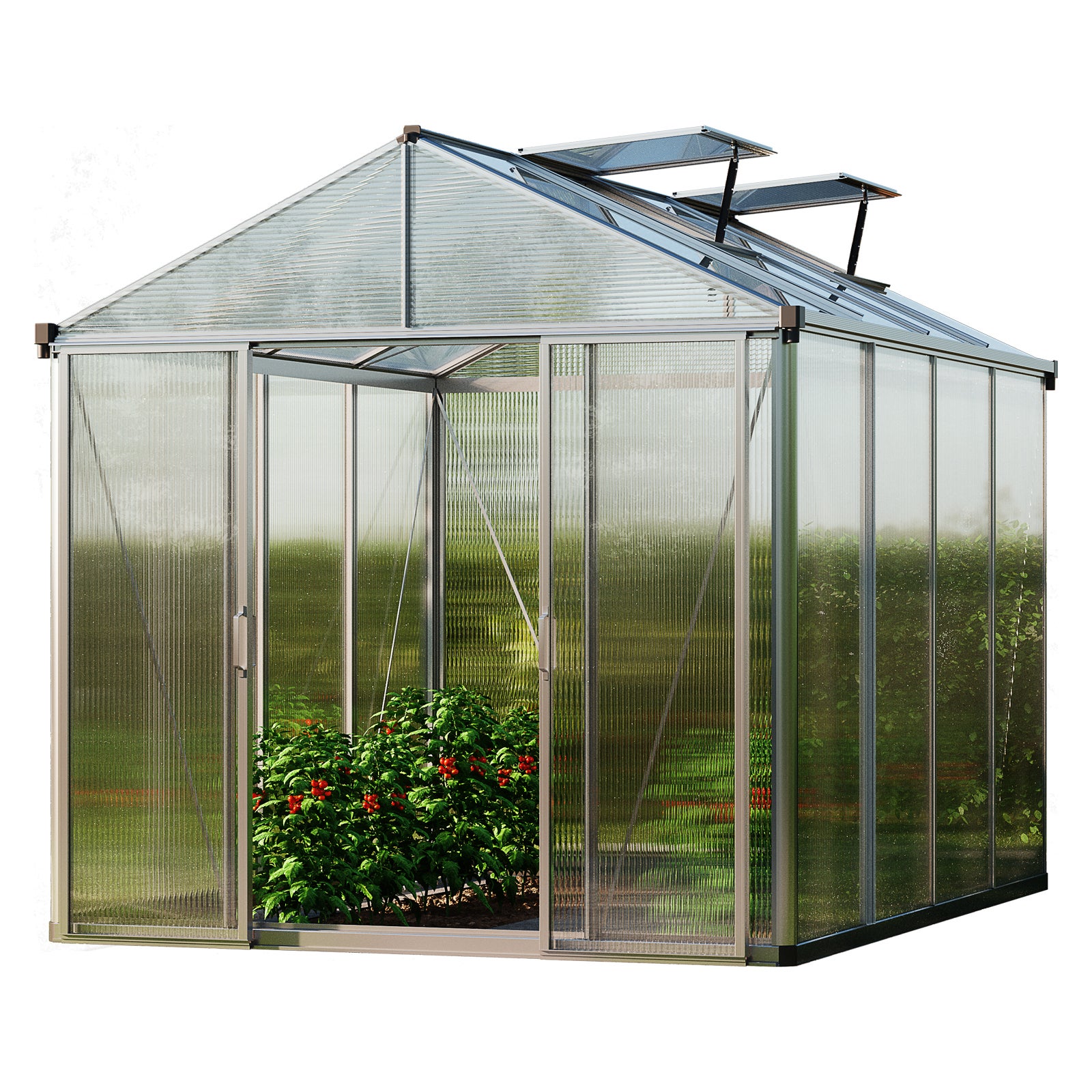 GFP szklarnia TITAN 23 rama aluminiowa 222x365 cm - grube panele poliwęglanowe ok. 10 mm - w tym dodatkowe okna i aut. mechanizmy otwierania okien