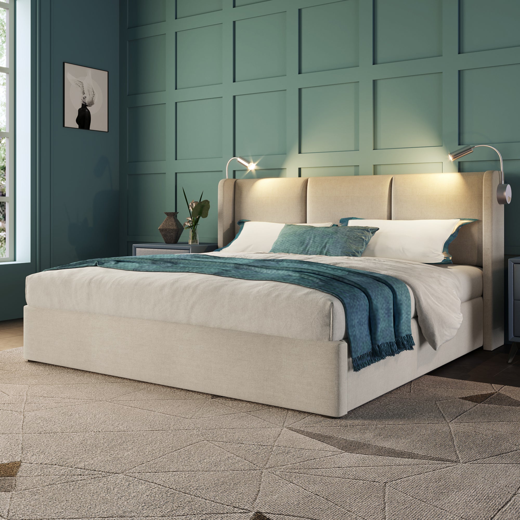 Cama contenedor 160 x 200 cm con cabecero - tela de lino - USB + lámpara de lectura - beige - 9