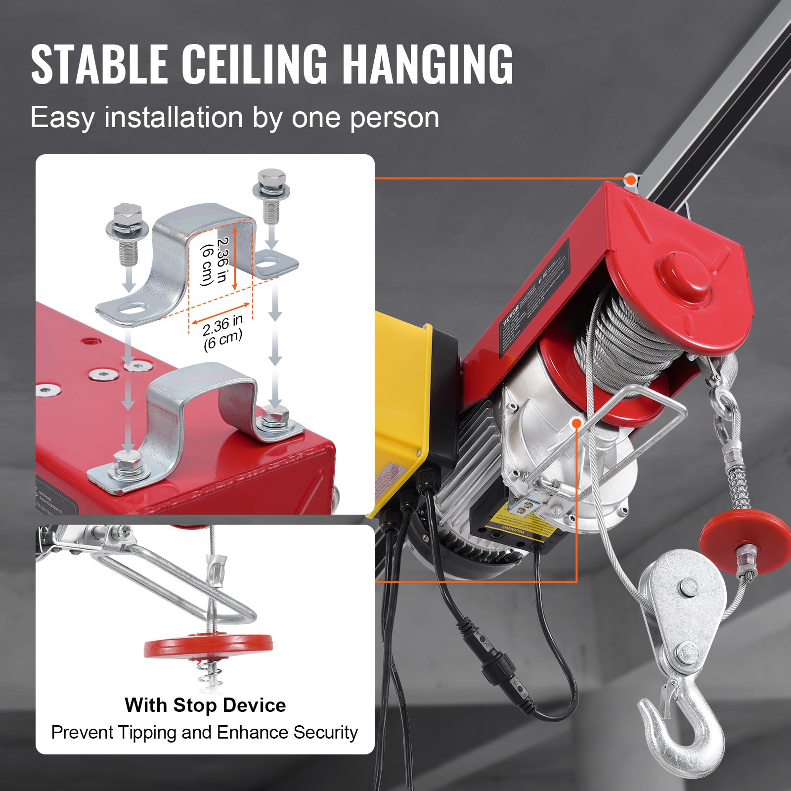 Palan Électrique,VEVOR Charge Double Câble 1000 kg,Télécommande Filaire 4,2 m et Sans Fil 100 m,Hauteur Levage Câble Simple 12 m,Arrêt Urgence - 5