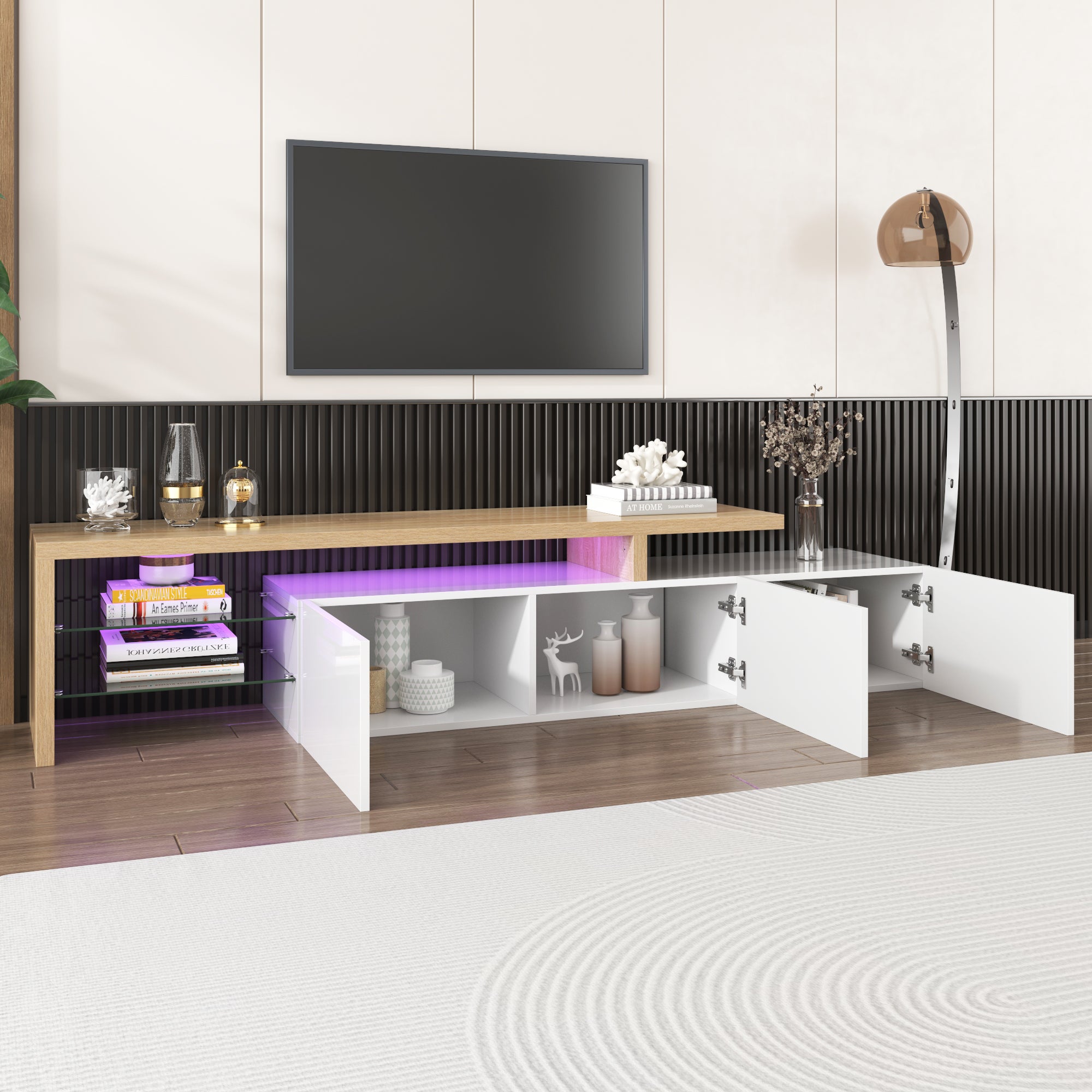 Meuble TV moderne avec 3 portes et 2 niches - LEDs - bois MDF et verre - coloris chêne et blanc - 3