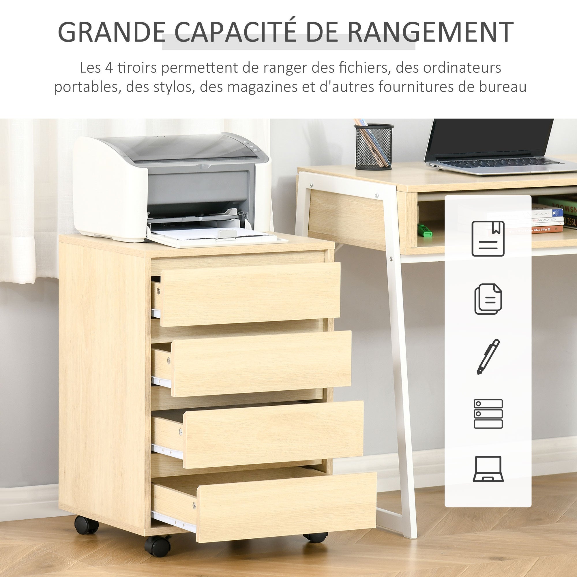 Caisson de bureau MDF classe E1 HOMCOM - 4