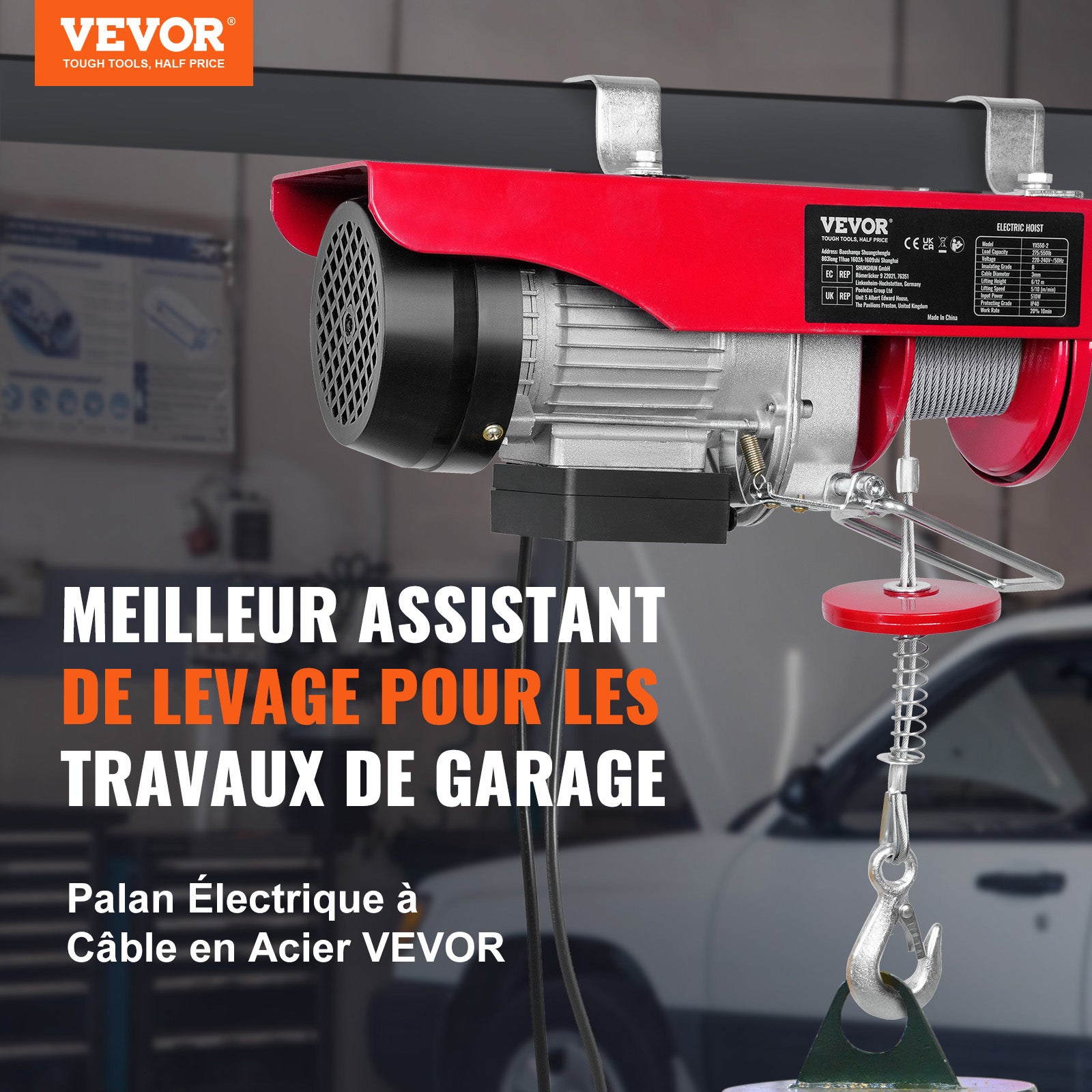 Talha elétrica SucceBuy com cabo de aço 250 kg, motor 510 W, comando com fio 4 m, elevação 12 m, para garagem e oficina - 7