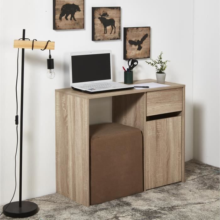 Bureau bois MDF 1 tiroir 1 porte + 1 pouf tissu Taupe - L 90 x P 40 x H 75 cm - ALICE - 5