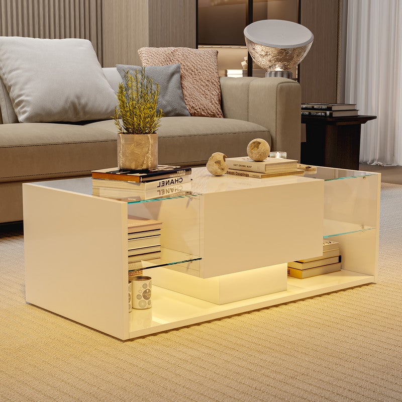 Table basse, Table basse salon LED avec espace de rangement, Table brillante avec étagère en verre, 100L x 50B x 35H cm - 7