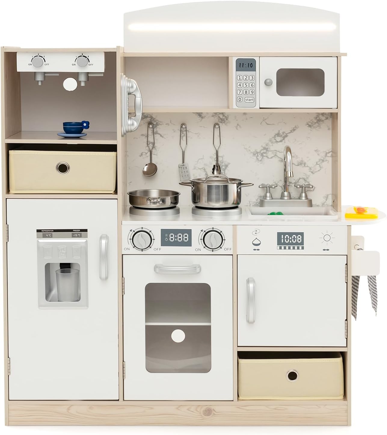 Drewniana Kuchnia dla Dzieci, Ekspres do Kawy i Maszyna do Lodów, Pojemniki i Regały do Schowania, Zabawy w Naśladowanie dla Dzieci powyżej 3 Lat