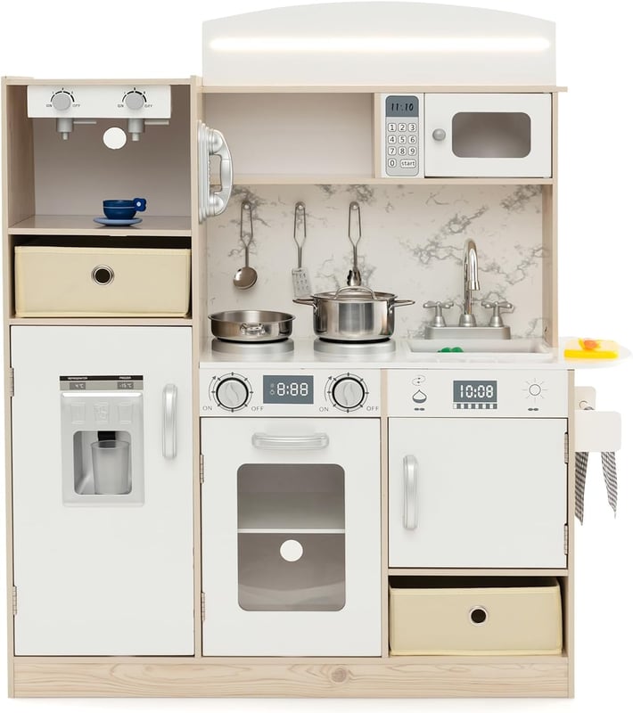 Drewniana Kuchnia dla Dzieci, Ekspres do Kawy i Maszyna do Lodów, Pojemniki i Regały do Schowania, Zabawy w Naśladowanie dla Dzieci powyżej 3 Lat