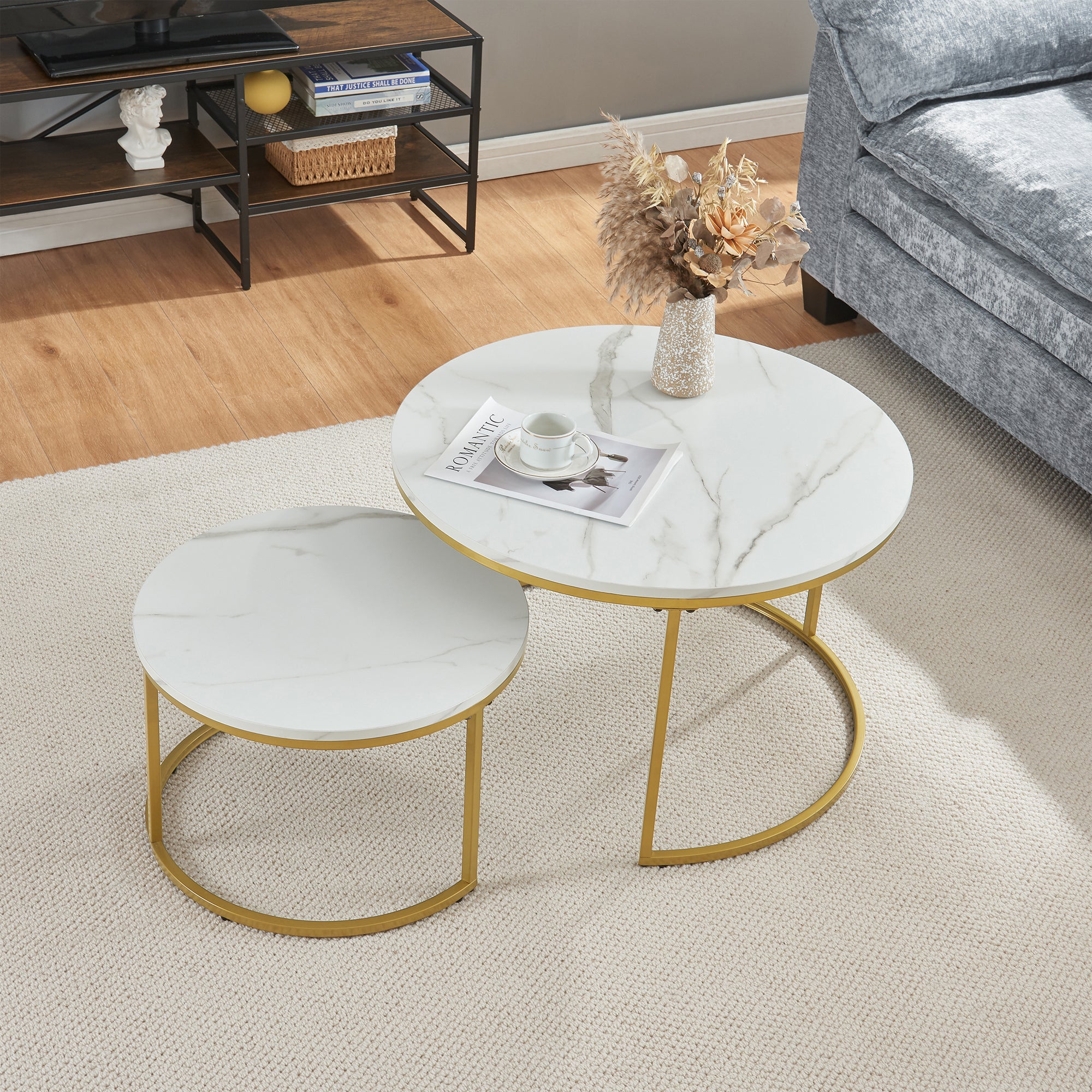 Set da 2 Tavolini da Salotto 'Christchurch' Tavolini Sovrapponibili con Piano Rotondo - color Marmo Bianco / color Oro [en.casa] - 2