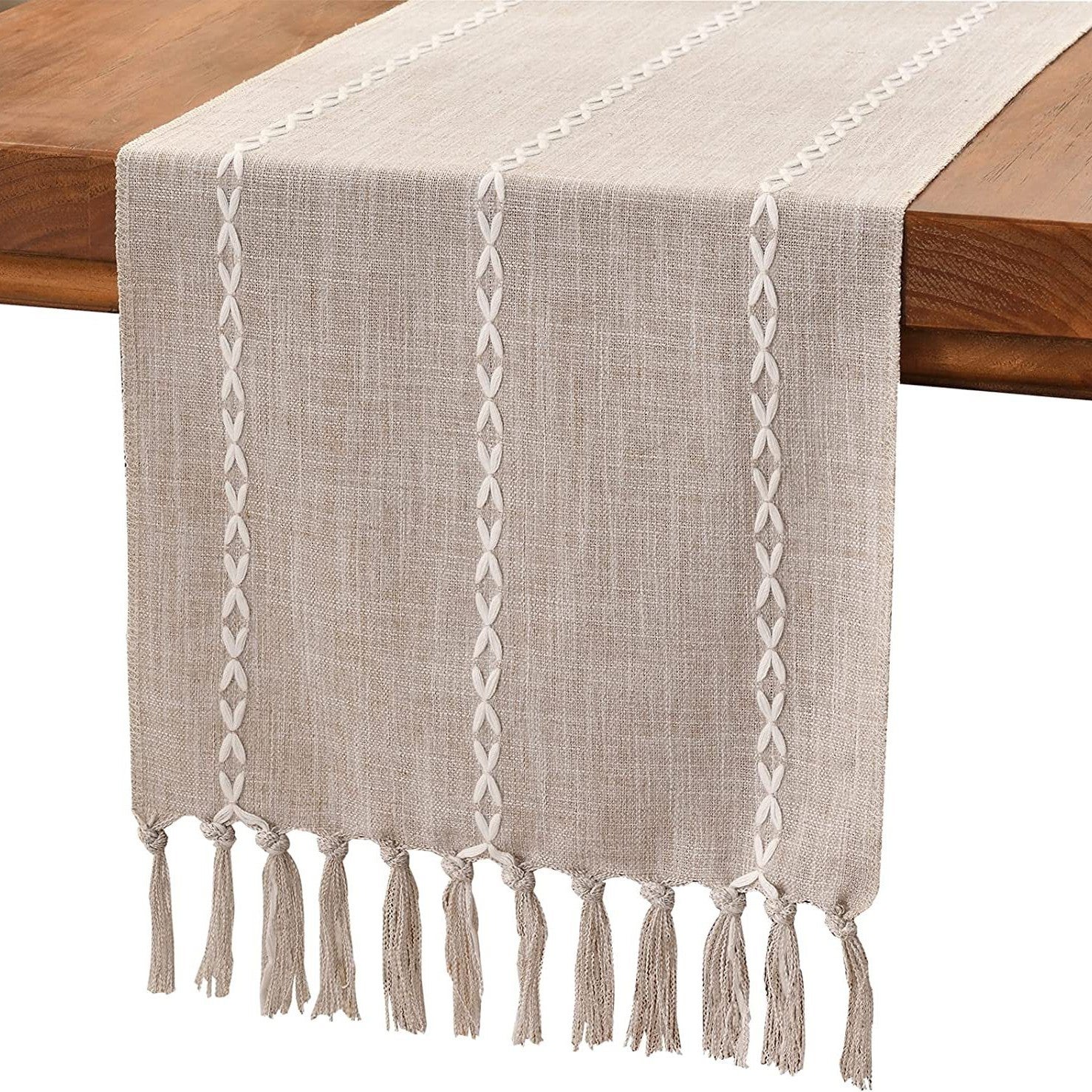 Bieżnik na stół do kawiarni w stylu wiejskim, bawełniany, 160 cm, z ręcznie robionymi frędzlami, na imprezę (Light Cafe, 160 cm)