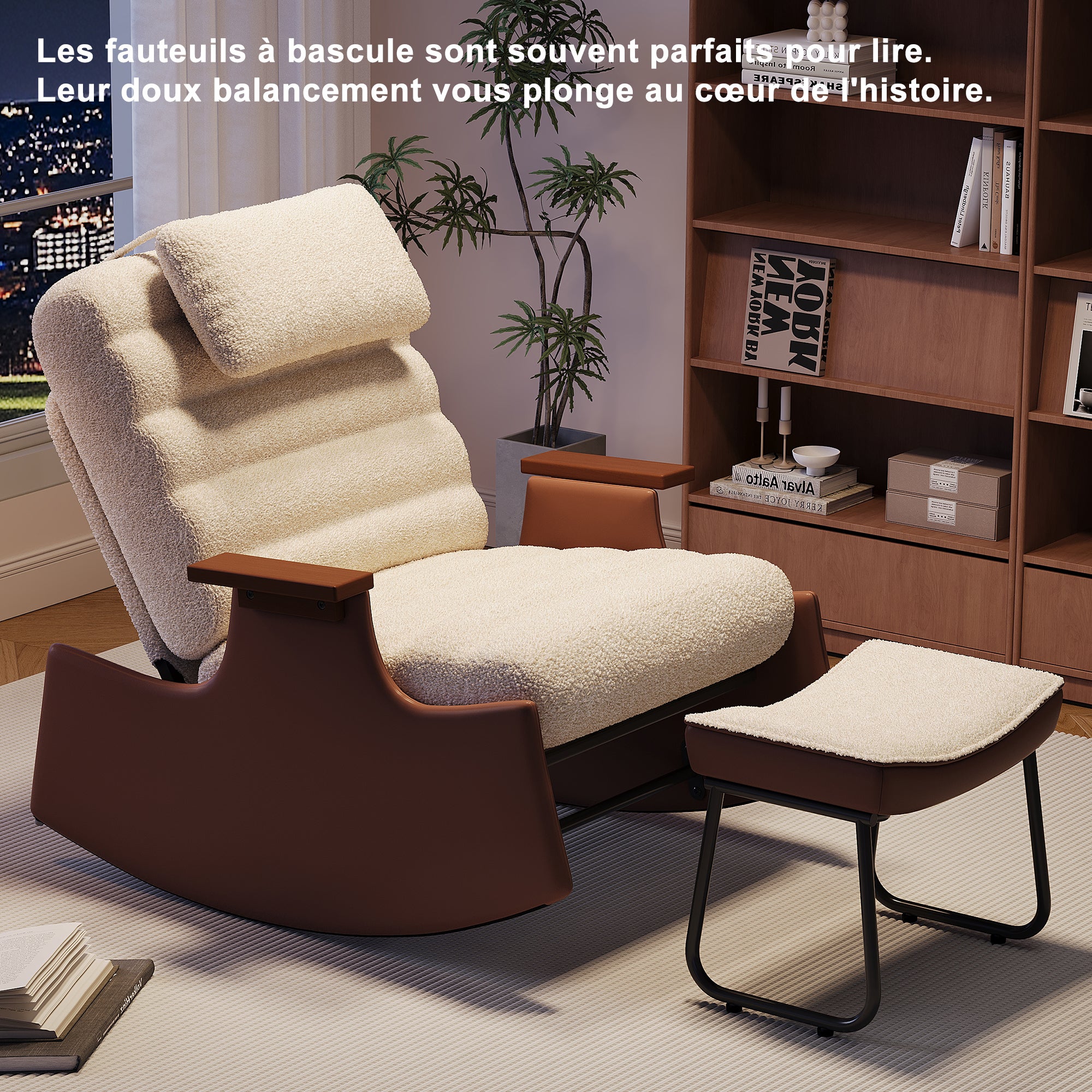 Fauteuil a Bascule avec Repose Pieds, Chaise a Bascule Allaitement Réglable 3 Positions Rocking Chair Intérieur Extérieur avec Coussin, Laine d'agneau - 8