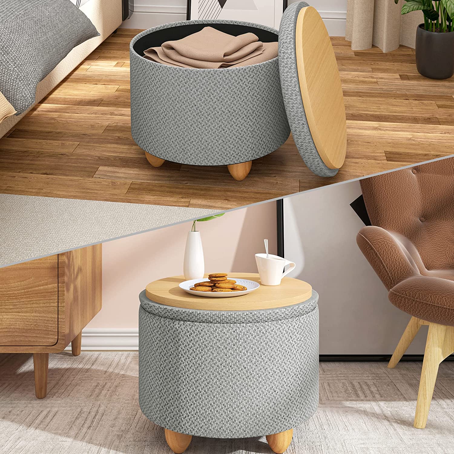 WOLTU Pouf de Rangement avec Pieds en Pin,Tabouret Rembourré avec Couvercle,Gain de Place,pour Salon,Chambre,Gris Clair - 2