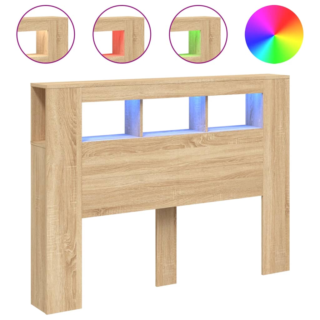 Tête De Lit Rangement Avec LED En Chêne Fumé 140 Cm - Bois D'ingénierie, Prises Intégrées | Pour Chambre Moderne, Rangement Pratique Et Ambiance Lumineuse - 9