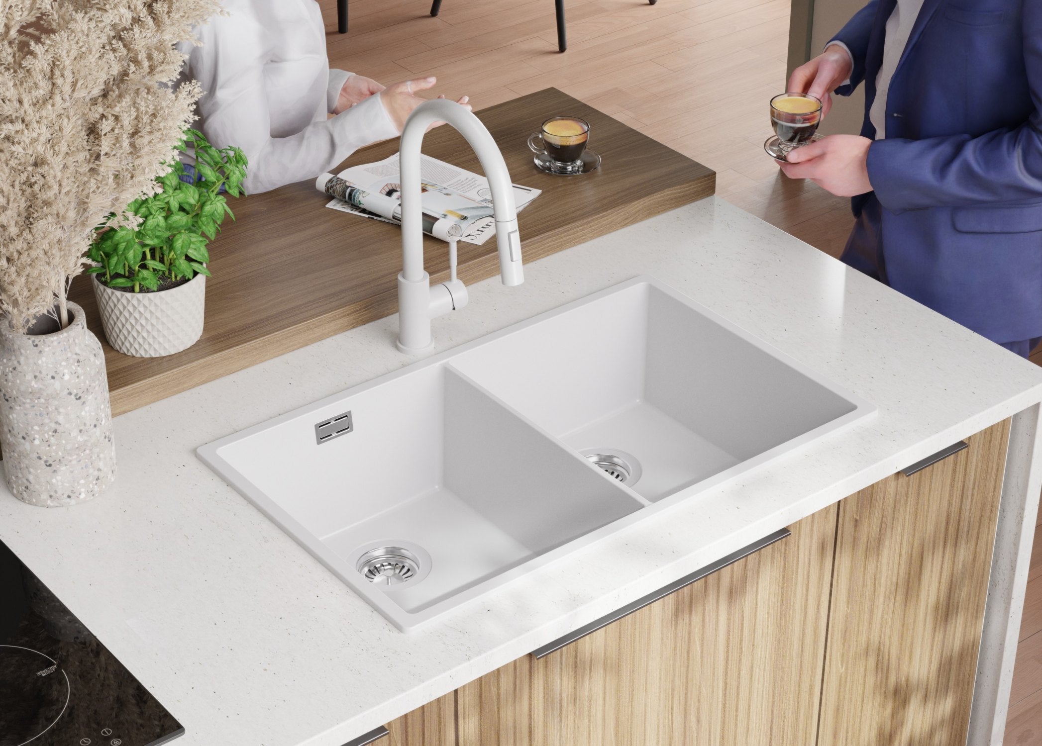 Lavandino da Cucina Bianco 76x47cm, Lavello in Granito a 2 vasche + Sifone Classico + Accessori, Lavabo da Cucina Incasso al mobile 80cm PRIMAGRAN - 4