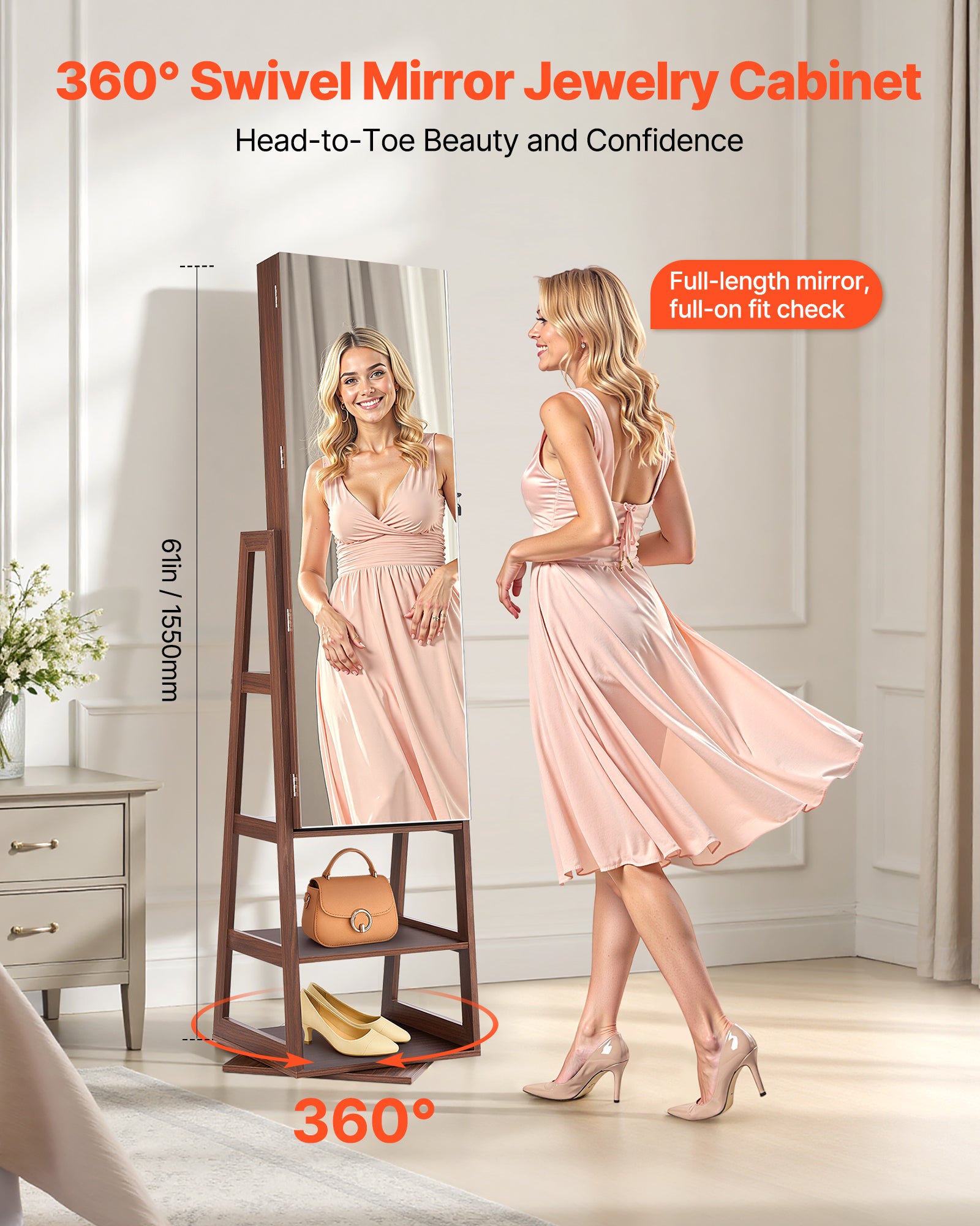 Armoire à Bijoux Pivotante VEVOR 360°, sur Pied 1550 mm avec Miroir Pleine Longueur, Rangement & Porte Verrouillable à 2 Clés, Pochettes Accessoires - 2