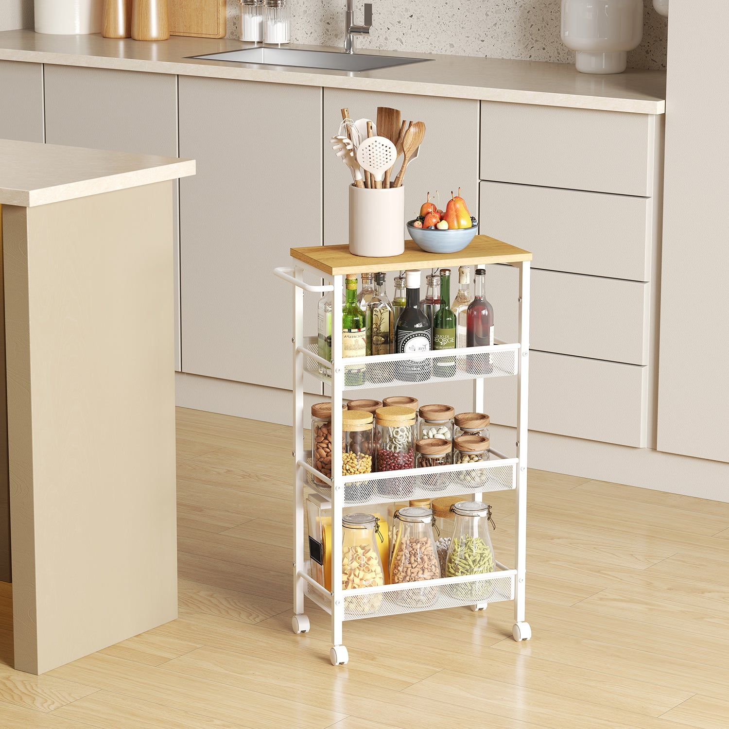 Convenience Concepts Ellaine – Carrello Da Cucina A 4 Ripiani Con Cassetto, Portabottiglie E Piano In Legno