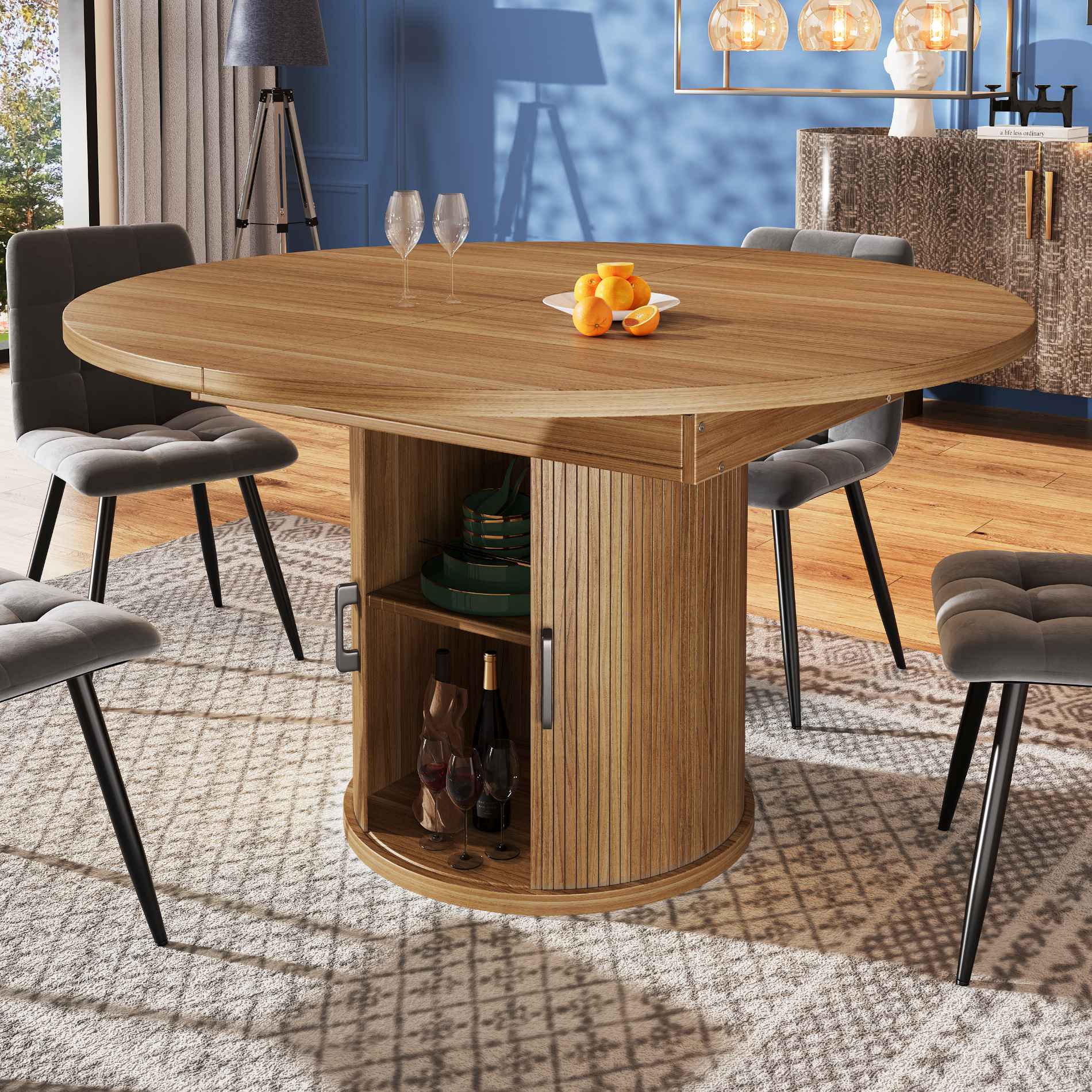 Table à Manger Extensible avec Plateau Ronde, de 118 à 158 cm, 6 Personnes, avec Rangements et Design Vintage - 2