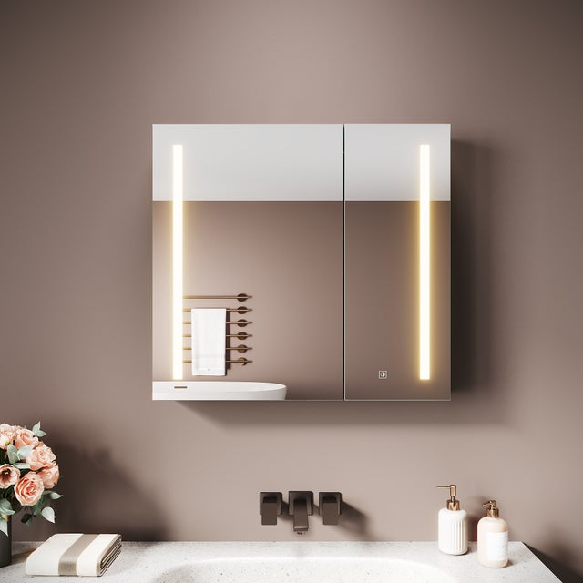 SIRHONA Armoire Miroir Salle de Bain 70x65x13.3cm, 3 Lumières Tactile, avec Organisateur Maquillage et Prise Cachée - Gris Anthracite