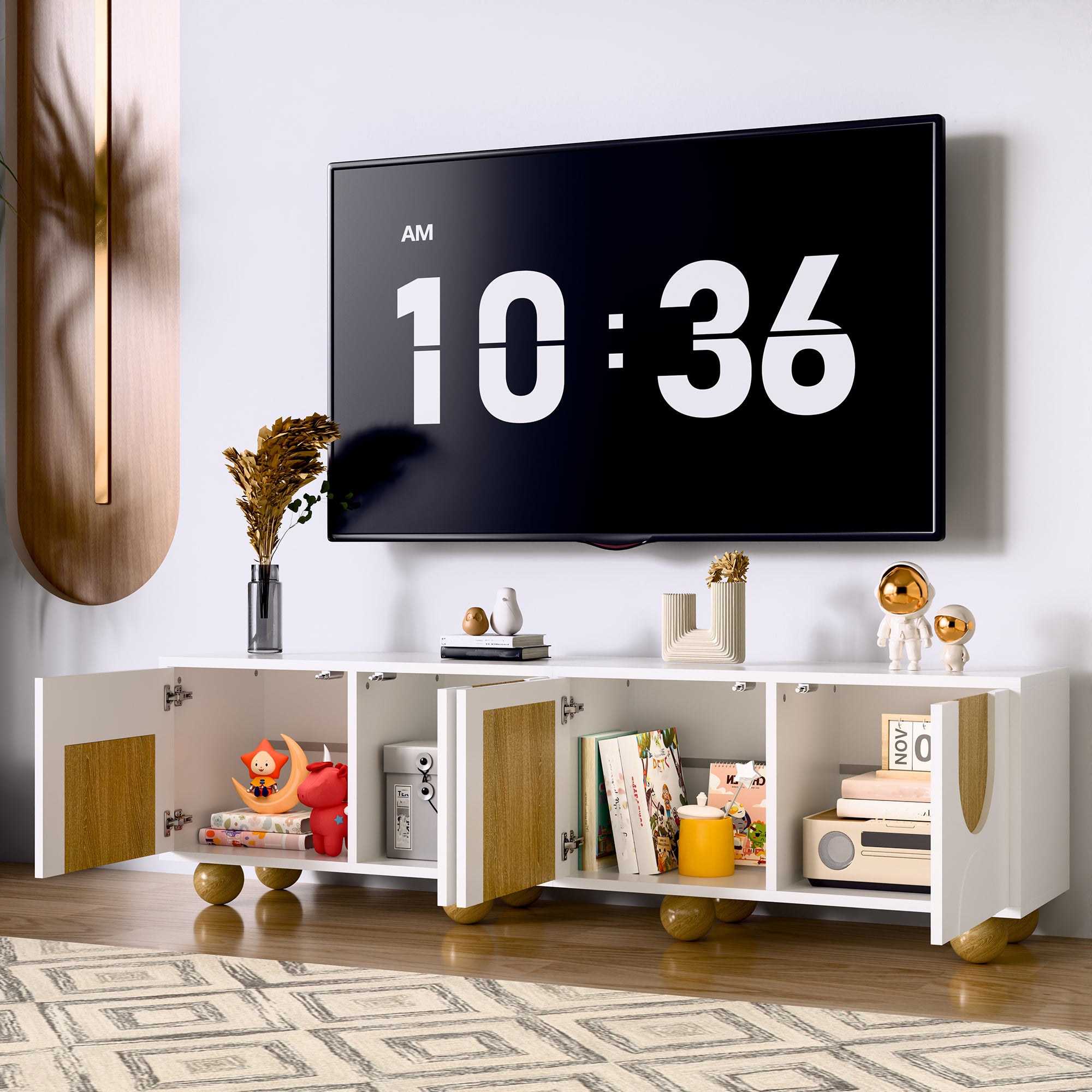 Stolik pod TV z 4 drzwiami - 175 x 38 x 50 cm - MDF i okrągłe nogi - do salonu - Biały + naturalny - 3