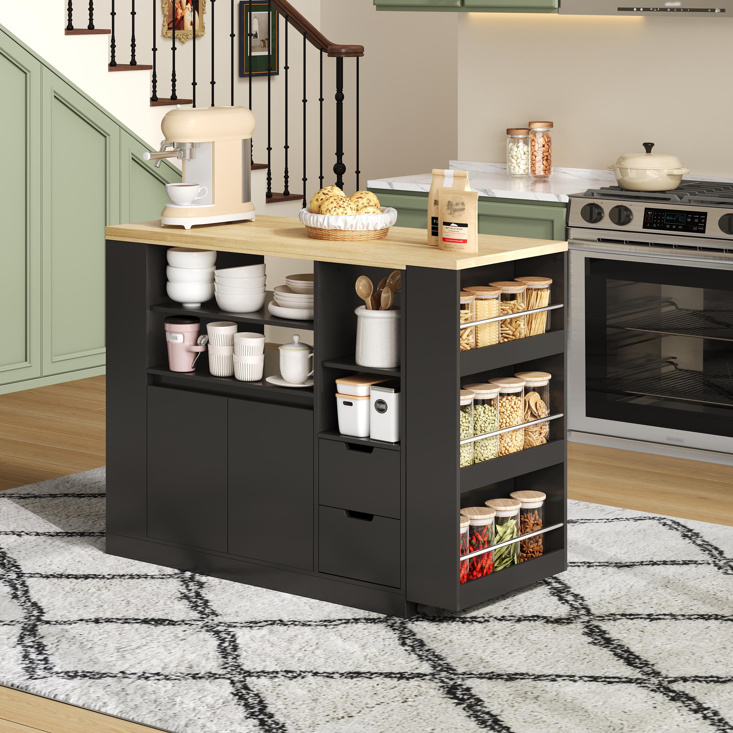 Rozkładany i obrotowy mebel barowy kuchenny - 115x50x92cm - z 2 szufladami i 2 frontami - z bocznymi półkami - Czarny