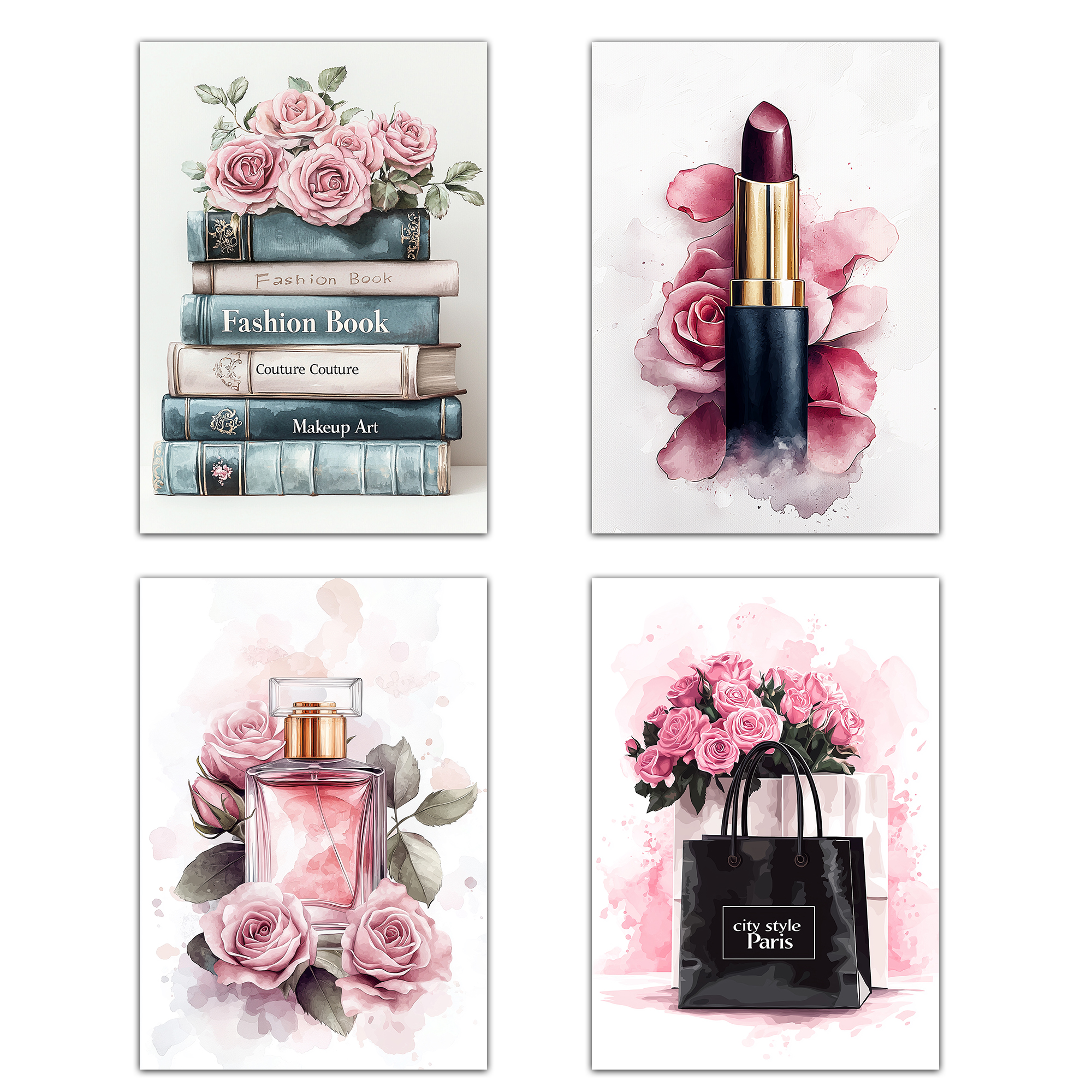 Set de 4 pósteres de maquillaje y cosmética impresión belleza flores bolso perfume lápiz labial para decorar paredes del tocador baño a3 sin marco