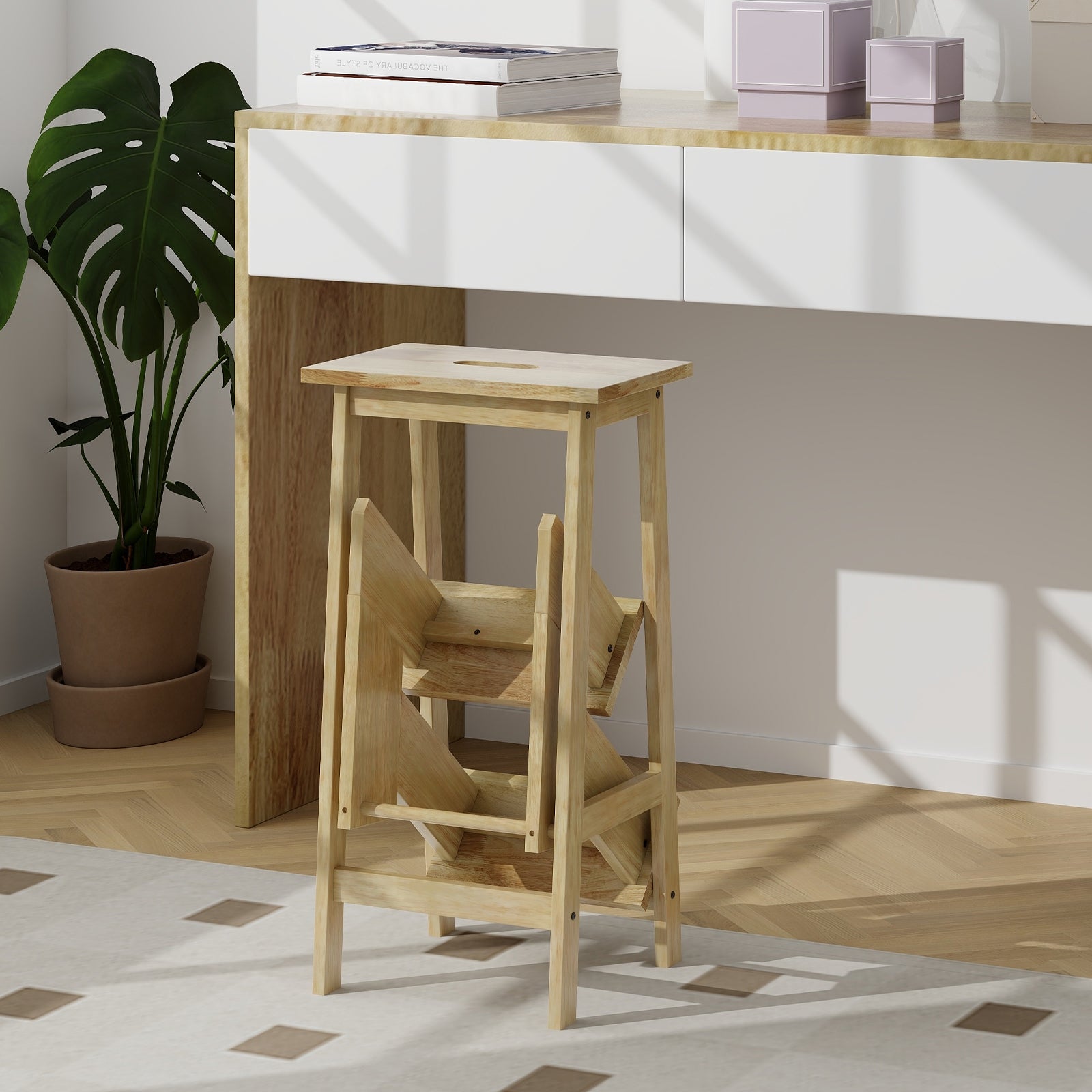 Tabouret Escabeau en Bois Hévéa Pliant, Marchepied 3 Marches, Escabeau Multifonctionnel Réversible, Portable, 57 x 41 x 76 cm, Capacité 310kg, Naturel - 4