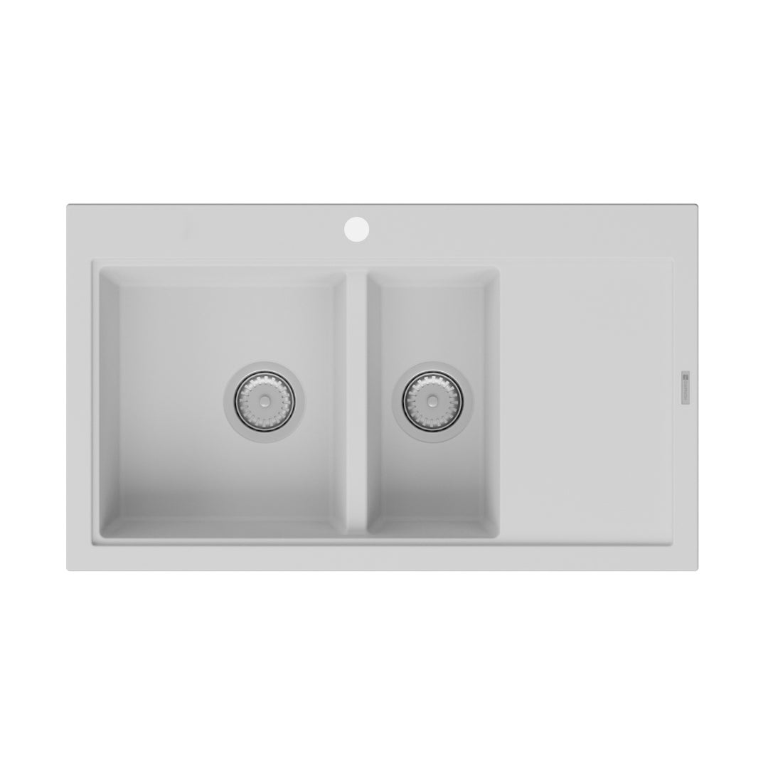 Zlewozmywak granitow GranMaster 860x500x192 mm, 1,5 komorowy z ociekaczem oraz syfonem, biały 1 szt.