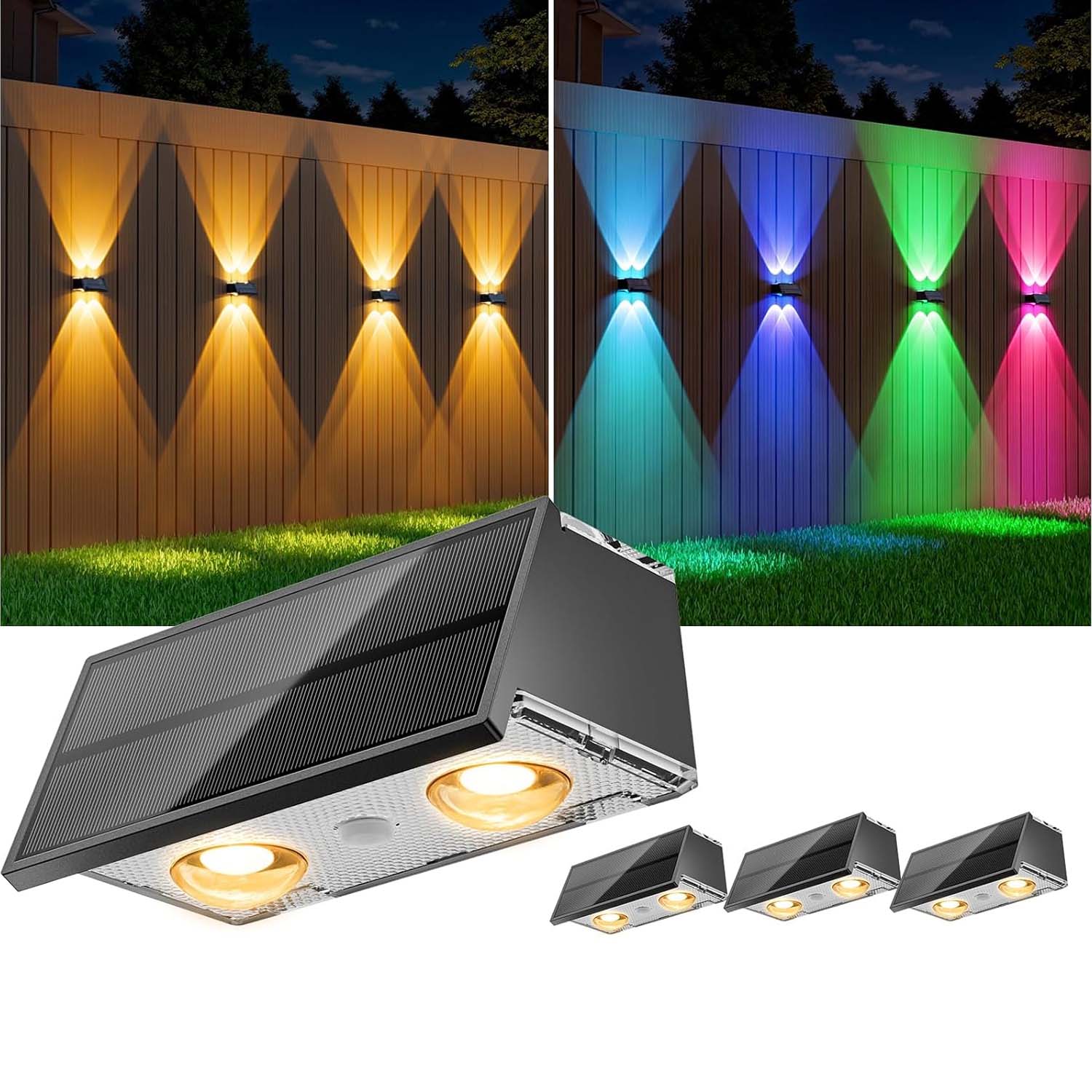 Zestaw 4 lamp solarnych LED zewnętrznych IP64, światło 3000K/4500K/6000K + RGB, dekoracyjne oświetlenie do ogrodu, tarasu, basenu, ogrodzenia