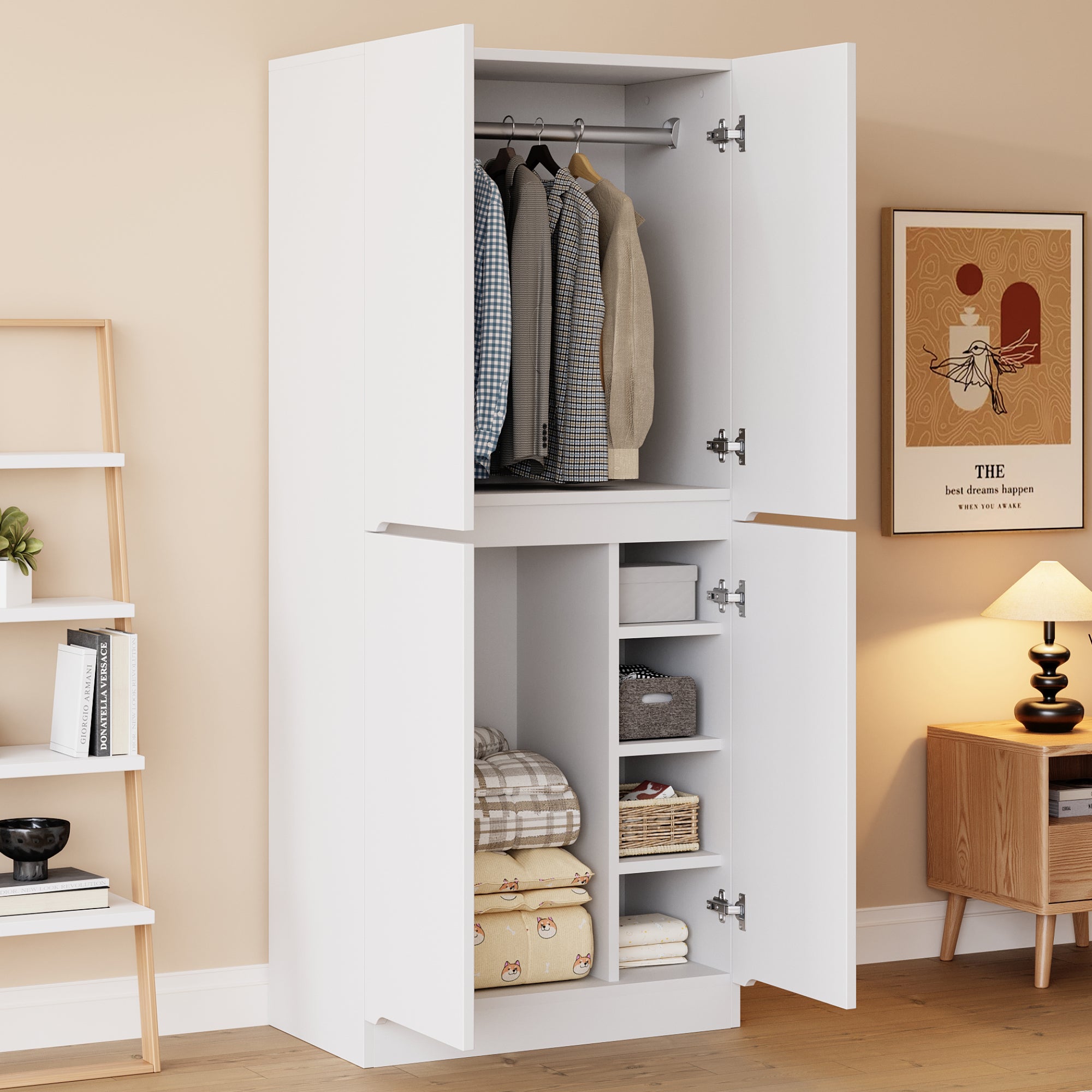 Armadio 69 x 136 x 50 cm (larghezza x altezza x profondità). Armadio pieghevole con appendiabiti, facile da montare, armadio multiuso per camera da letto, bianco