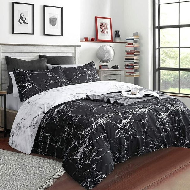 Housse de Couette 220x240cm + 2 x Taies d&39oreiller 50x75cm - Marbre Réversible Parure de lit 2 Personne Adulte avec Fermeture Éclair