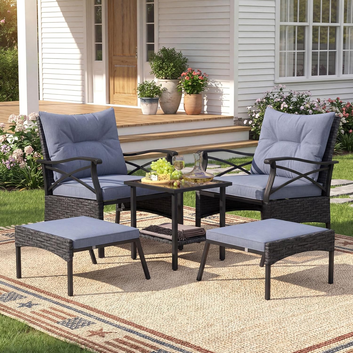 GIANTEX Conjunto Móveis Pátio 5 Peças em Rattan, 2 Cadeiras 2 Pufs e 1 Mesa Baixa Tampa Vidro Temperado Almofadas, para Pátio Quintal, Cinza - 7