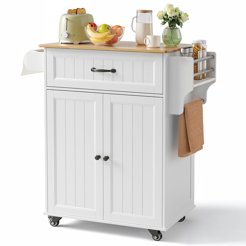 Centralna Wyspa Kuchienna 3 Poziomowa z Kołkami do Przechowywania z Szafą, Szufladą, Nośnikiem do Przypraw i Nośnikiem do Ręczników Biała Bealife