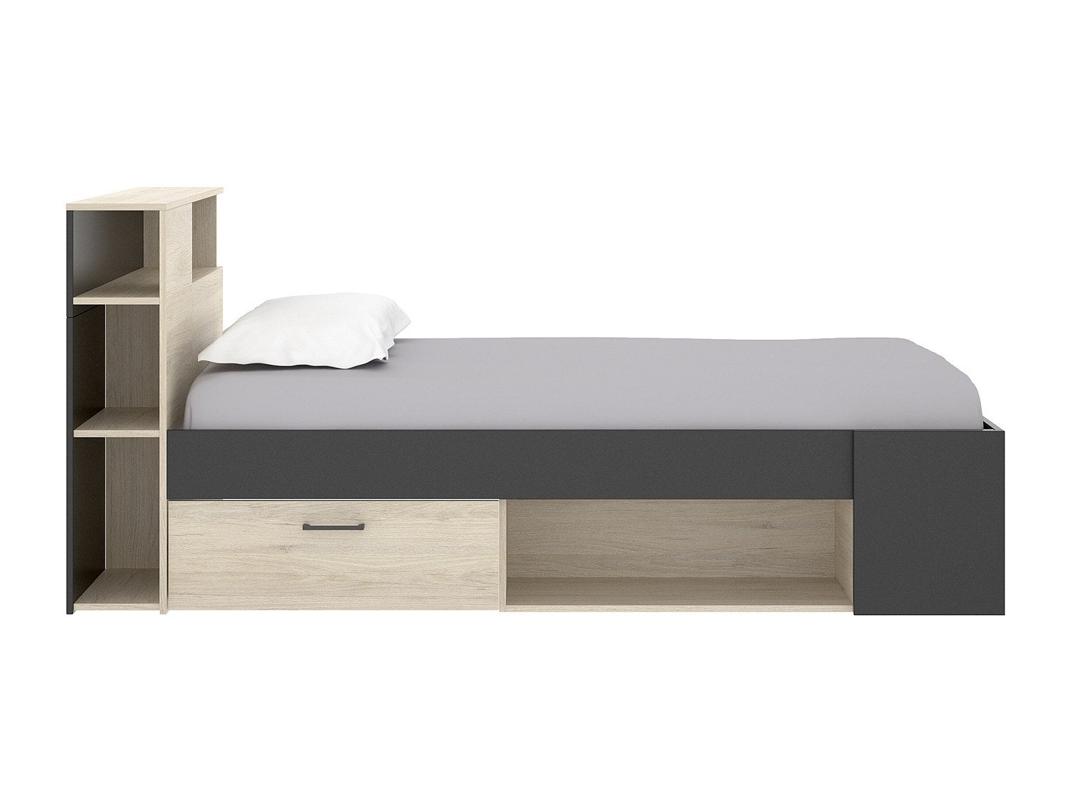 Lit avec tête de lit rangements et tiroirs - 120 x 190cm - Coloris : Naturel et anthracite - LEANDRE - 6