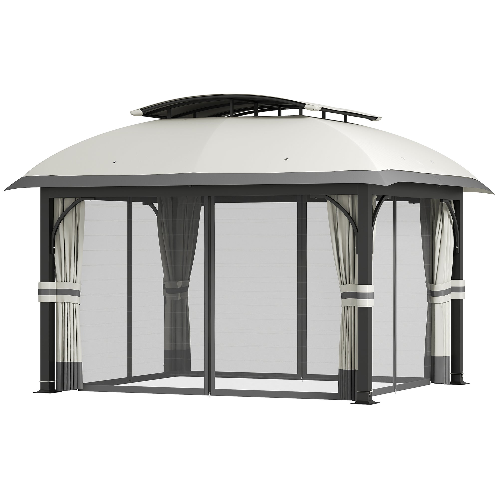 Gazebo Da Giardino Outsunny 4x3.3 M - Con Zanzariere, Doppio Tetto, Grigio Chiaro, Per Feste E Campeggio
