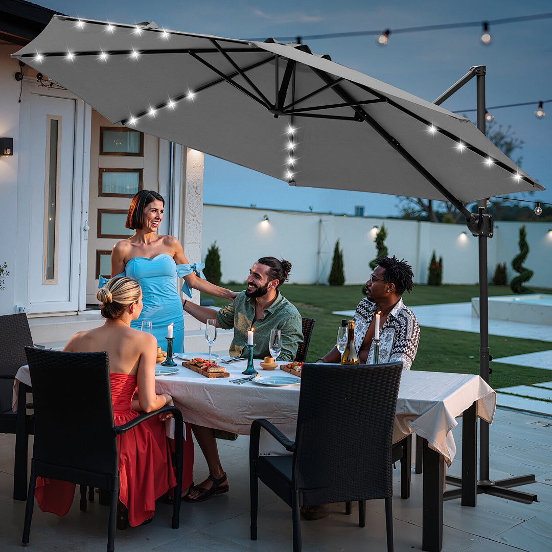 Parasol déporté gris 300 cm avec 28 LED solaires, rotation complète, inclinaison réglable, toile anti-UV UV50+ - 9