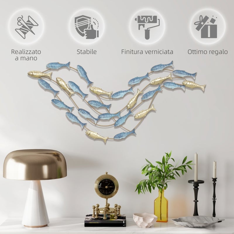 Décoration murale en métal « Banc de poissons » avec vis incluses, 99,7 x 3,8 x 50,2 cm, doré et bleu - 5