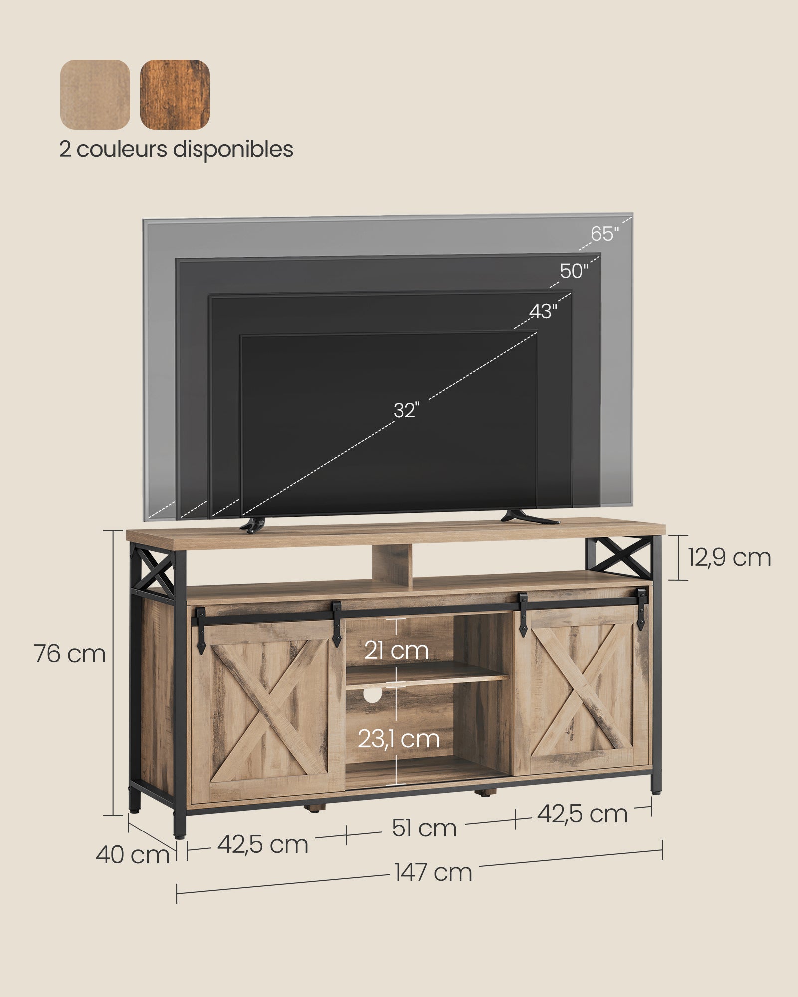 Meuble TV, avec Étagères Réglables, Portes Imitation Grange, Style Rustique, Cadre en Métal, Marron Camel et Noir Simple - 4