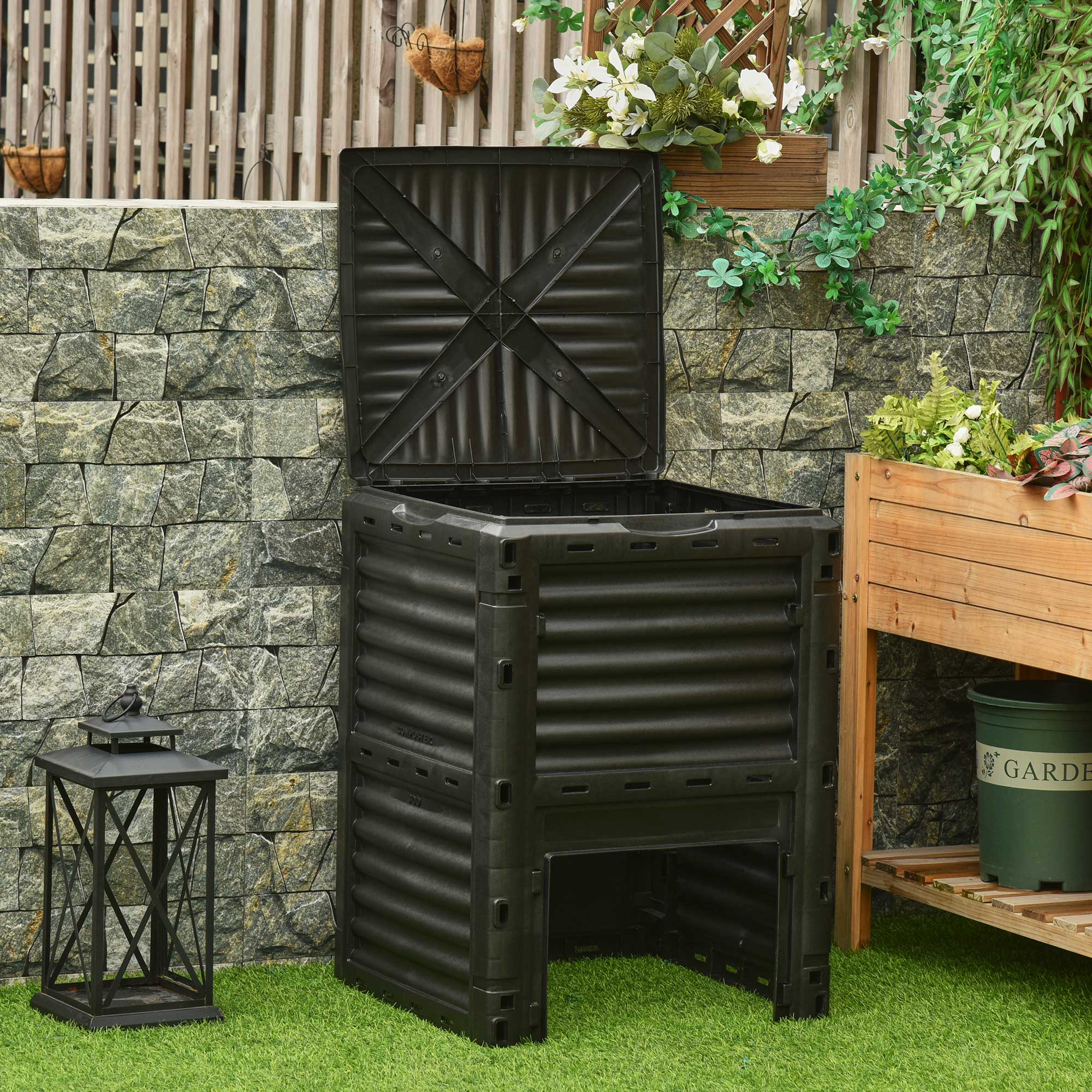 Composteur de jardin, composteur domestique en plastique noir de 300 L, bac à compost avec couvercle à clipser - 3