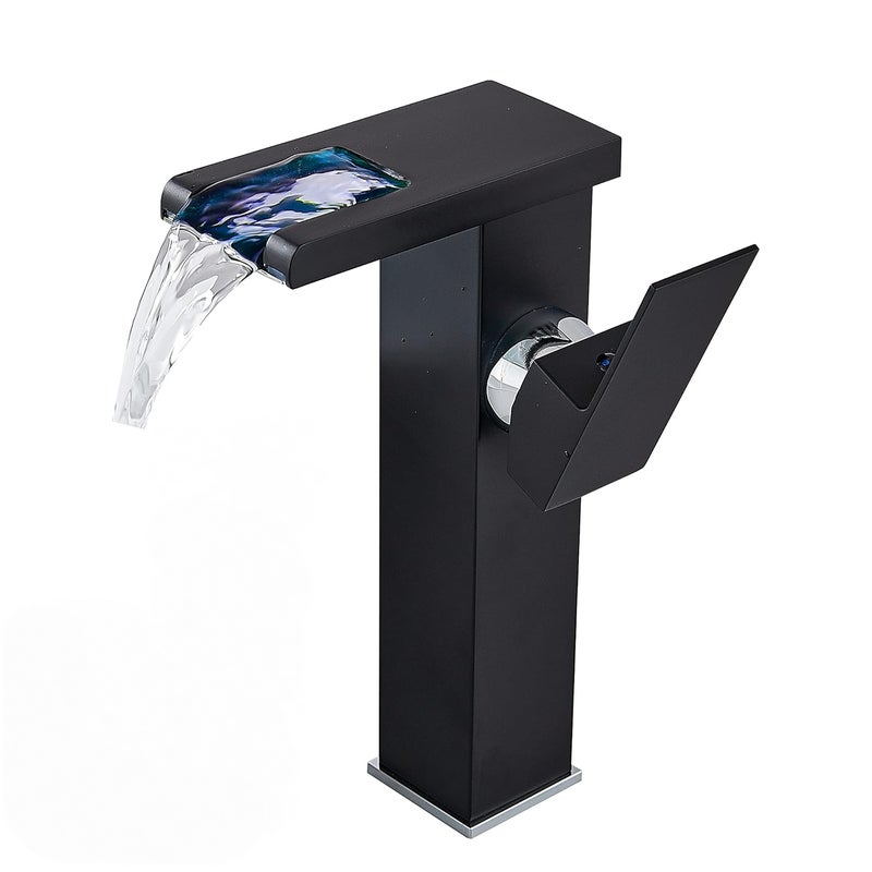 Bateria łazienkowa - ciepła i zimna woda - dioda LED zmieniająca kolor - szeroka wylewka - czarna - wysokość 24 cm