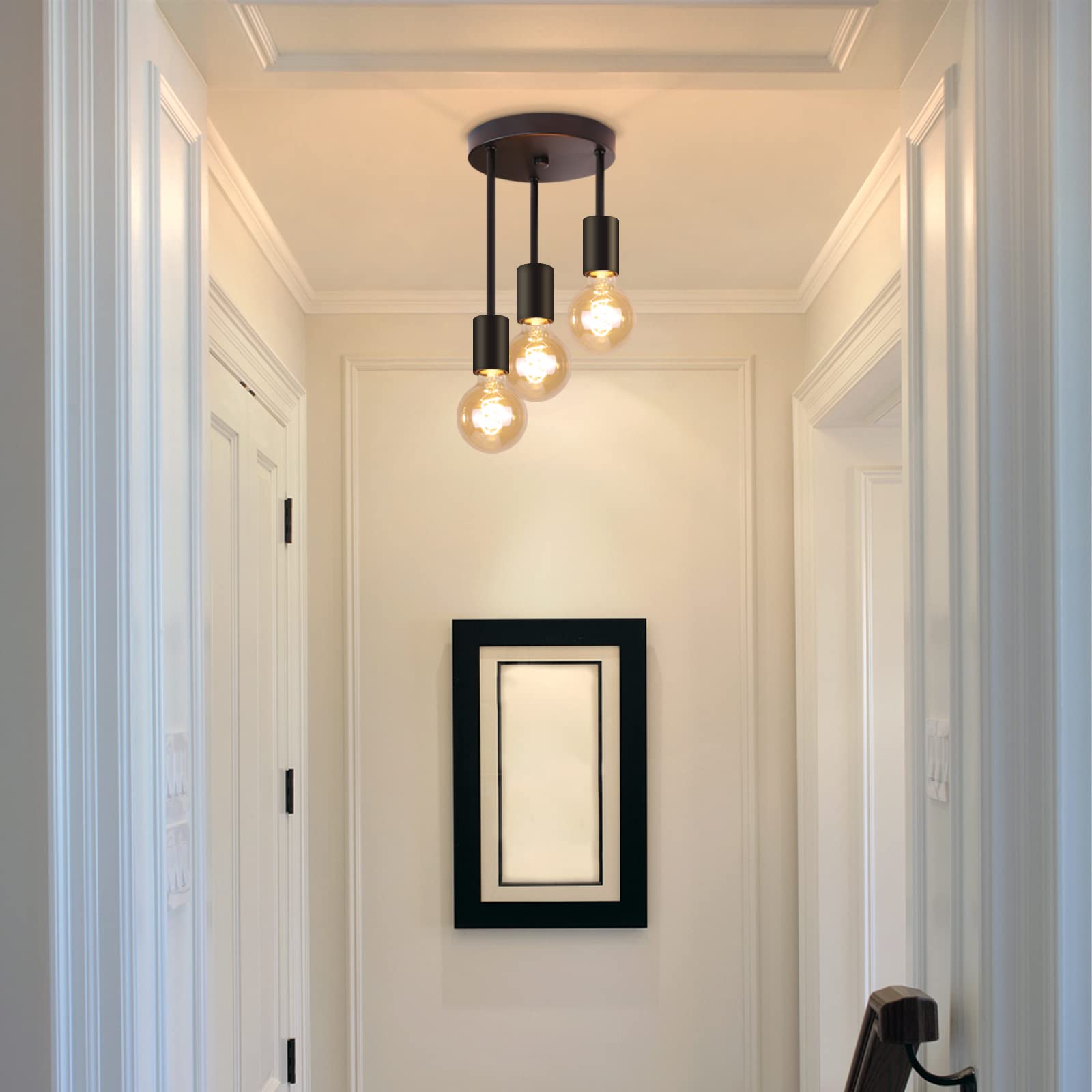 Plafonnier Vintage Noir 3 Flammes - Lustre Industriel Suspendu avec 3 Spots E27 pour Salle à Manger,Cuisine ou Couloir - 2