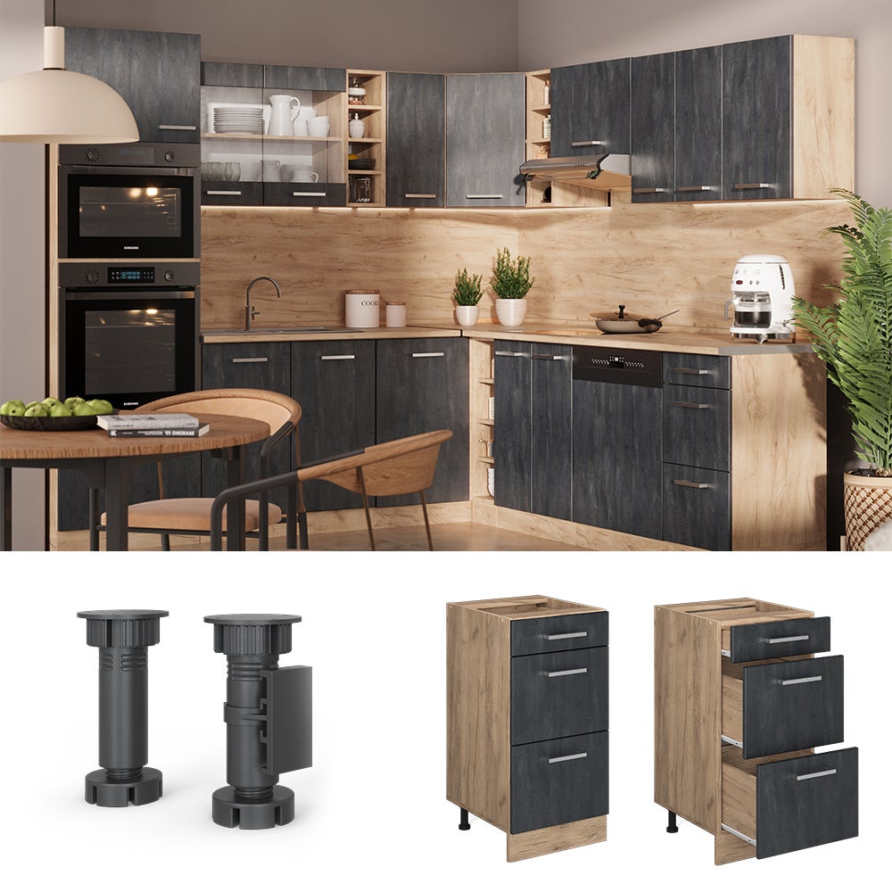 Vicco Mobiletto Base Cucina R-Line - Nero Lucido/Quercia Dorata, 80 Cm Senza Piano, Modulare E Moderno - Foto 4