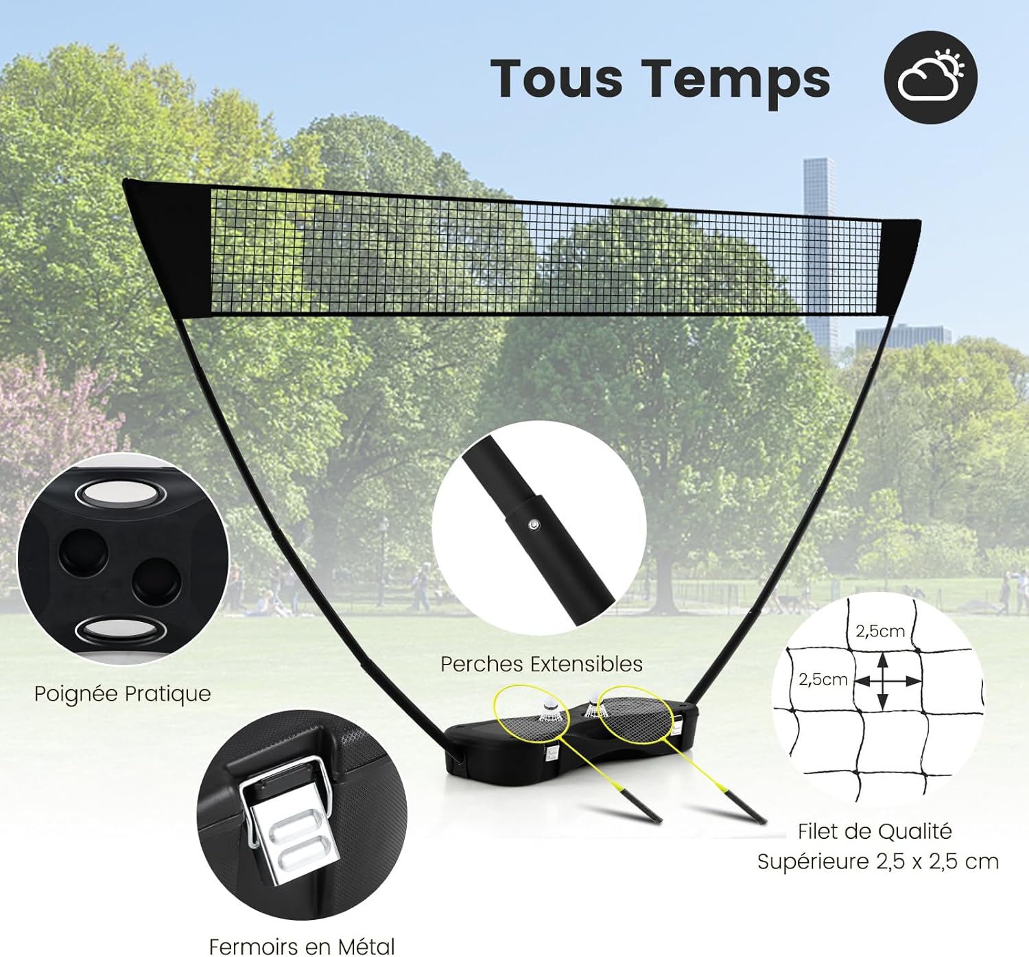 Set di Badminton con Rete, Racchette, 2 Volani e Scatola di Conservazione, Set di Badminton Portatile per 2 Giocatori da Esterno per Bambini, - 3