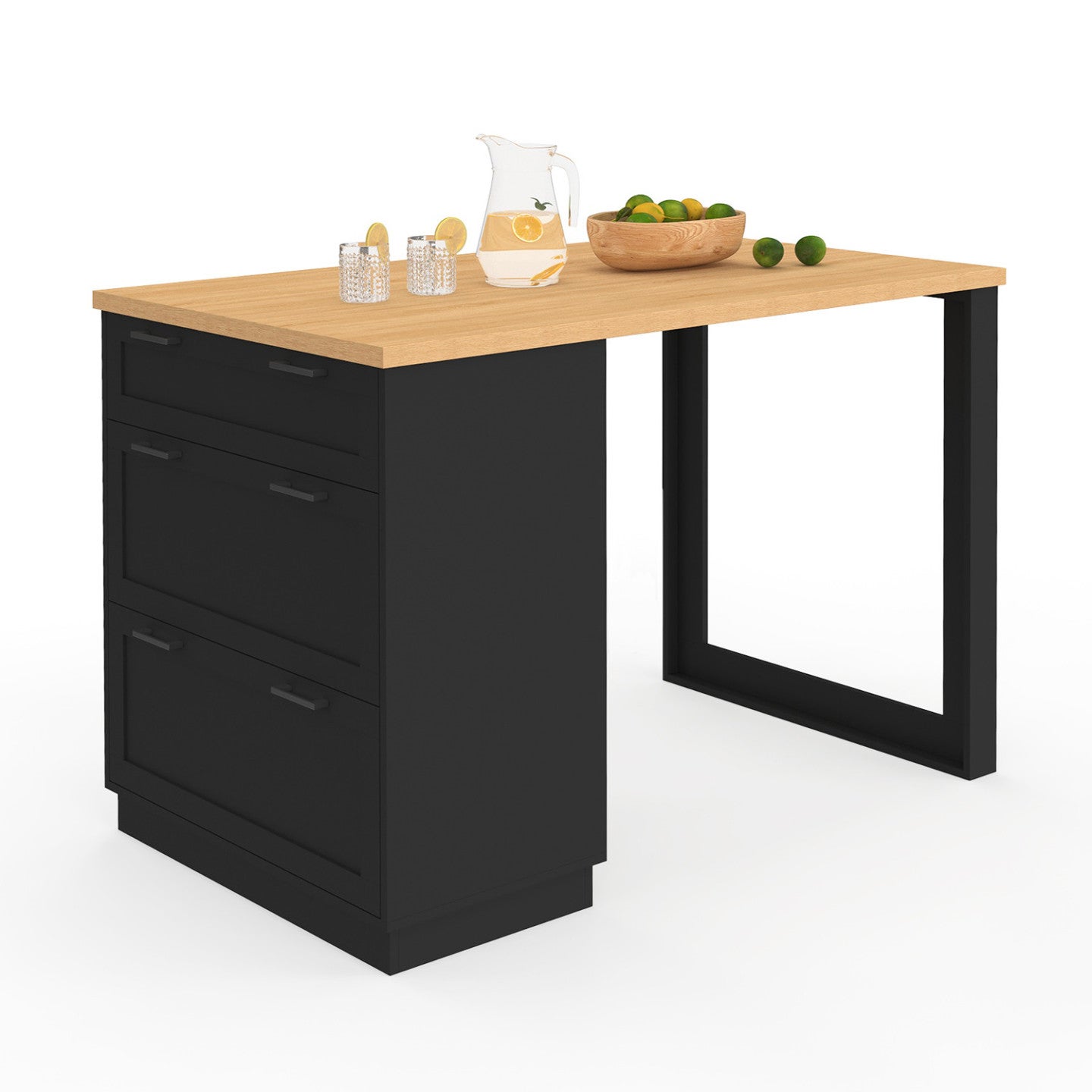Ilot central mange-debout 4 personnes VITO 130 cm casserolier 3 tiroirs noir et plateau bois - 4