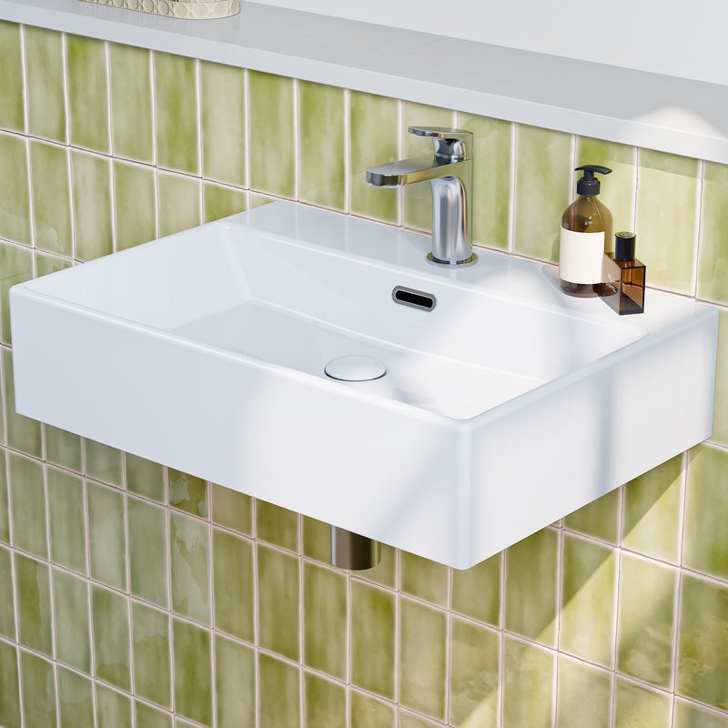 HOROW Umywalka ceramiczna - 60 x 42 x 14 cm, ścienna, z otworem na baterię i przelewem, mała umywalka do łazienki gościnnej