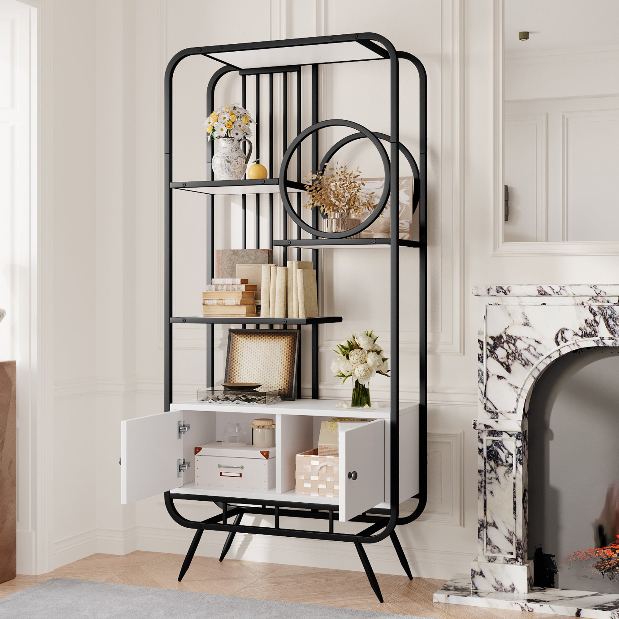 Regał biblioteczny z półką 80 x 30 x 180 cm - Metal i MDF - Czarno-biały