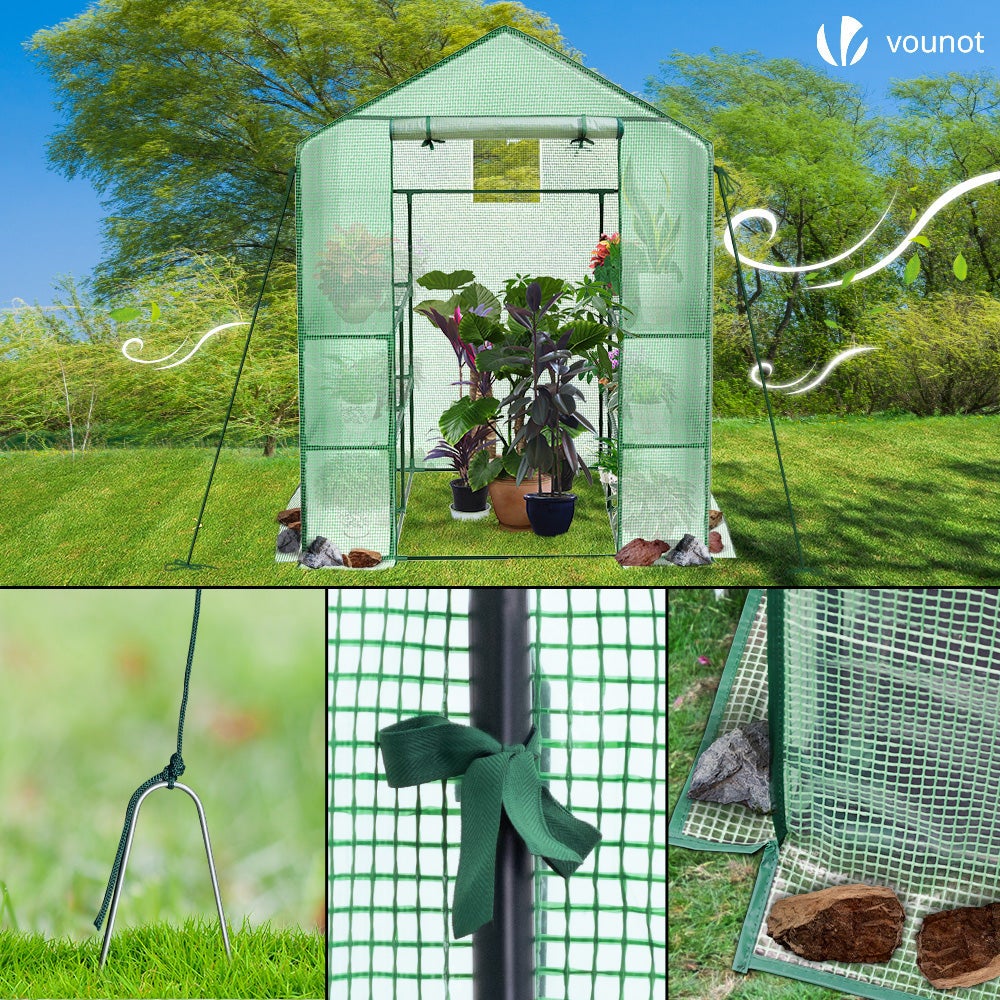 Serre de jardin avec étagères 143x143x195cm vert - bâche renforcée 135g/m², fenêtre moustiquaire, porte enroulable zippée - VOUNOT® - 7