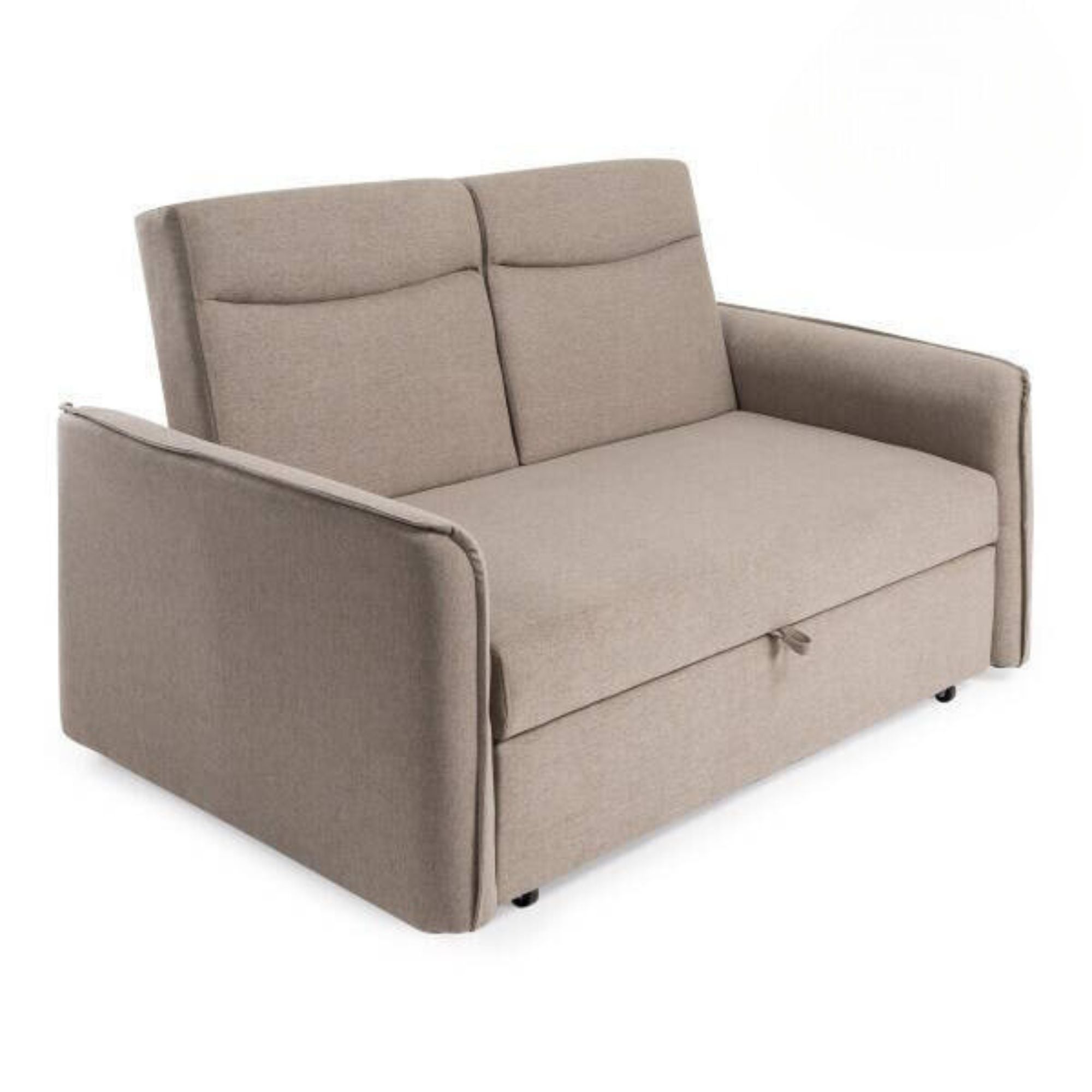 Dwuosobowa sofa z jasnobrązowej tkaniny, system Dolphin, funkcja spania 150×100×96 cm