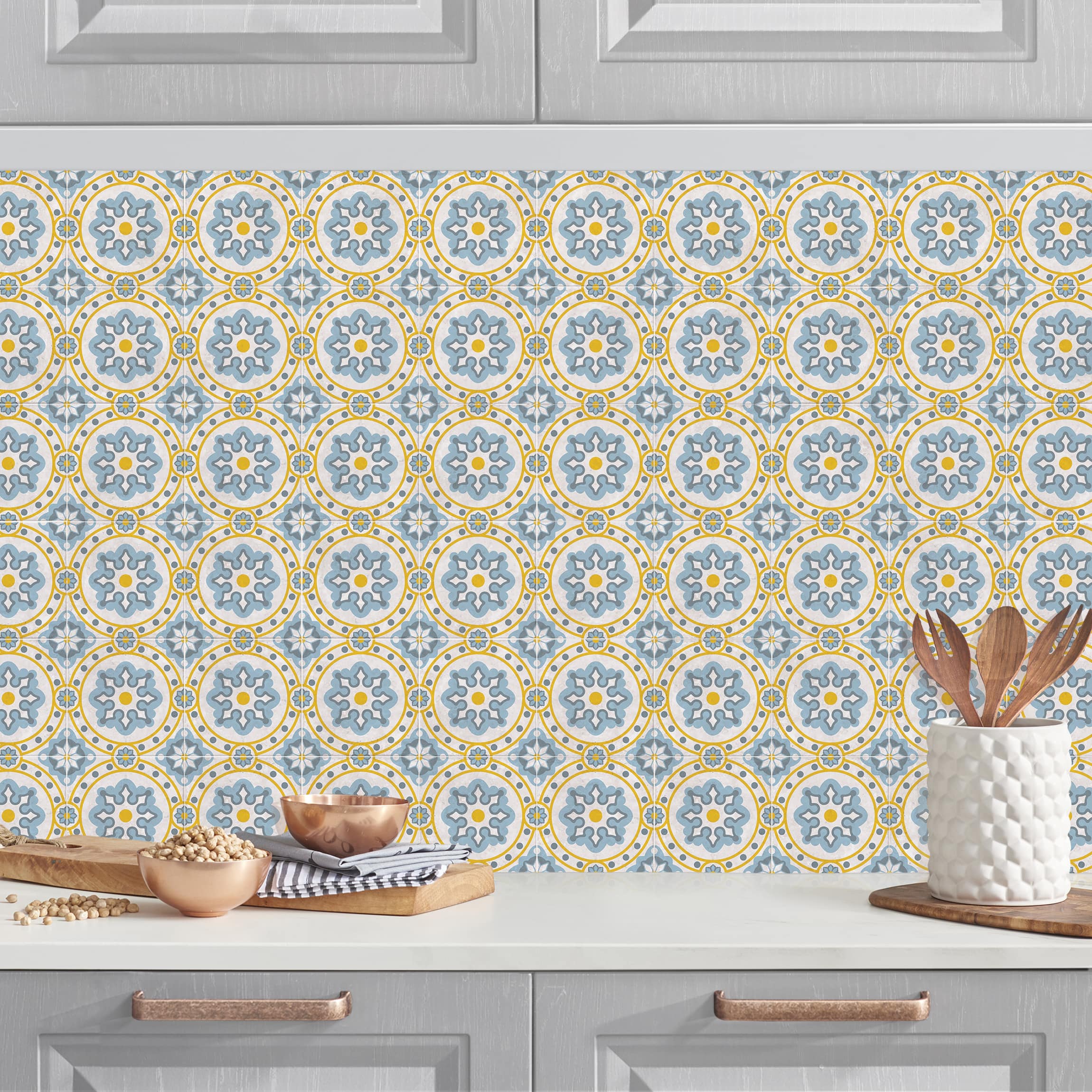 Salpicadero cocina adhesivo - floral tiles blue yellow 50 x 70 cm