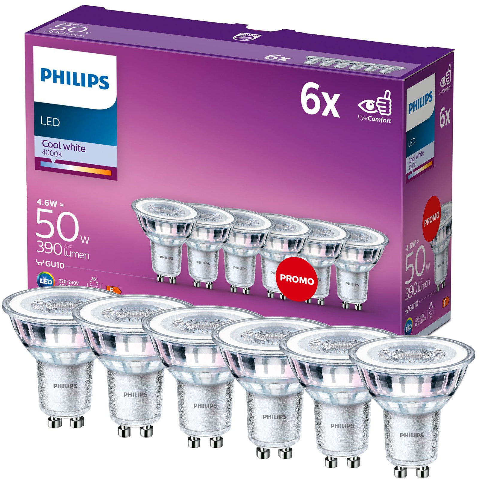 Żarówka LED Philips GU10 Reflektor PAR16 4.6W 390lm 4000K 36st 6 szt.